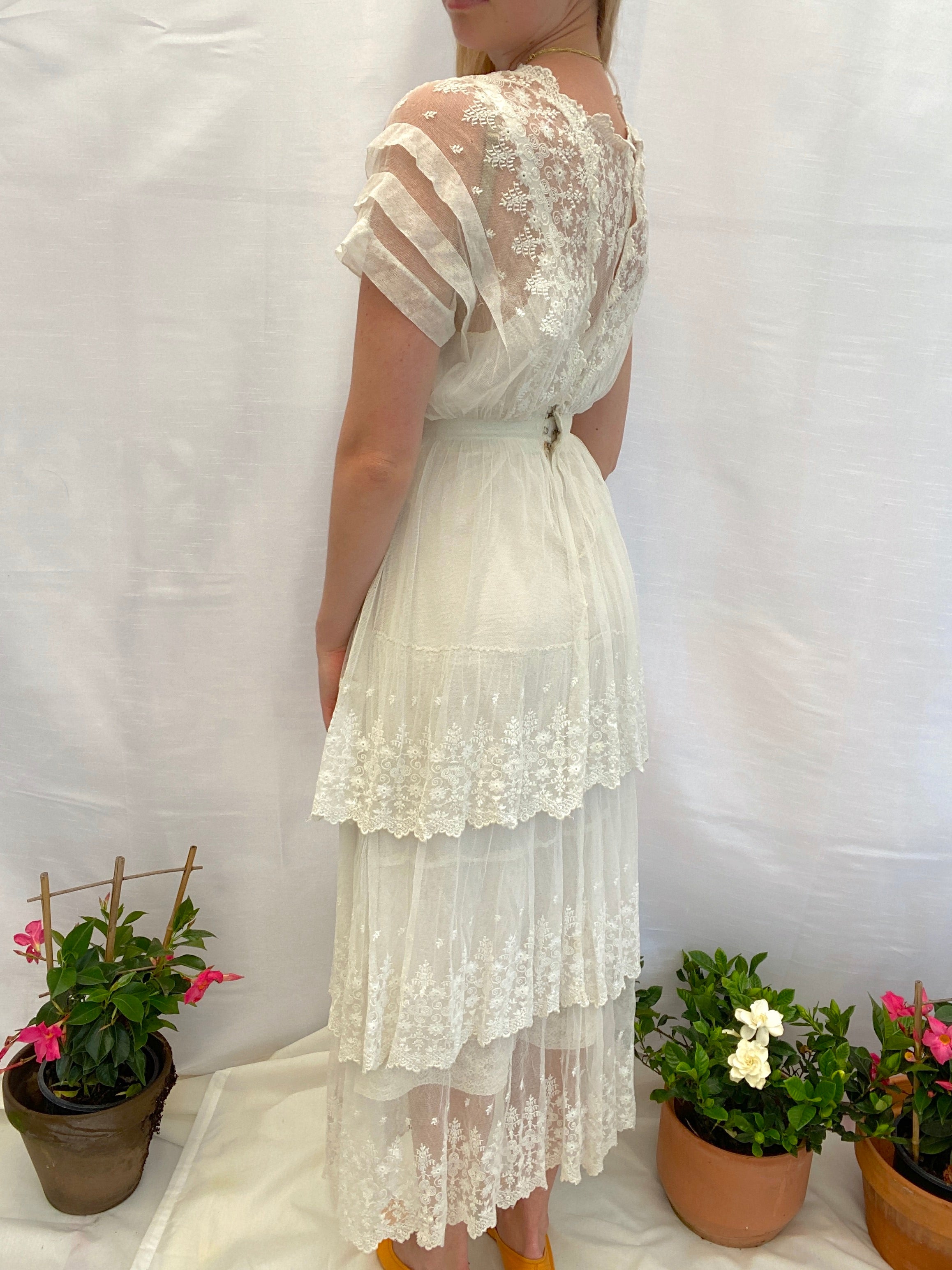 White Victorian Cotton Gown With Embroidered net