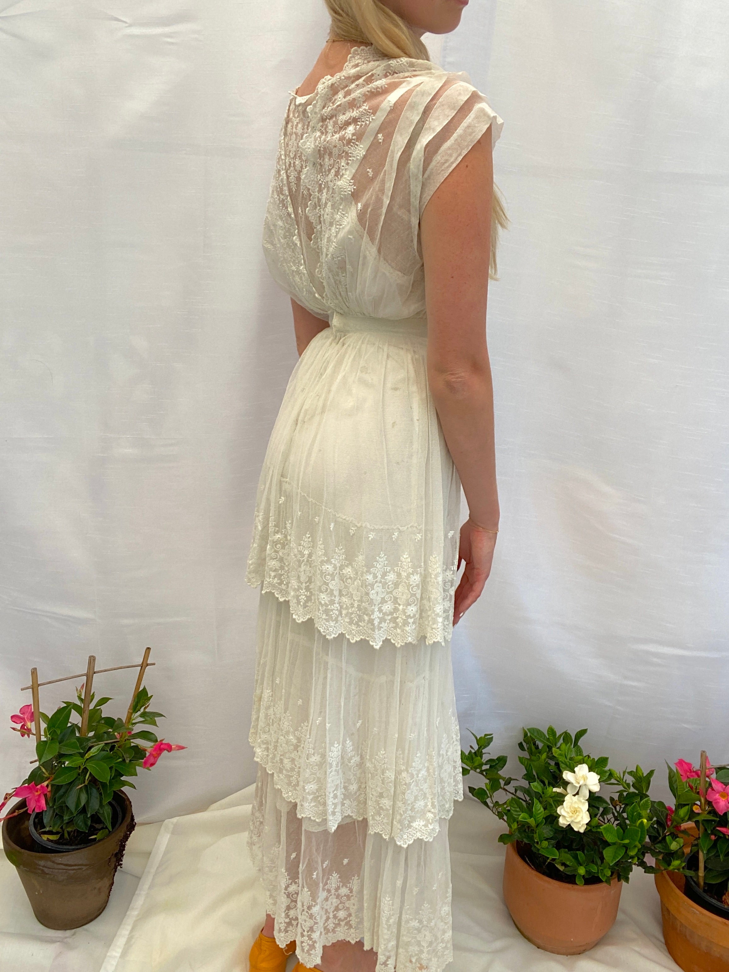 White Victorian Cotton Gown With Embroidered net