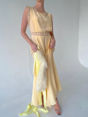 1940's Yellow Silk Dress with Floral Lace