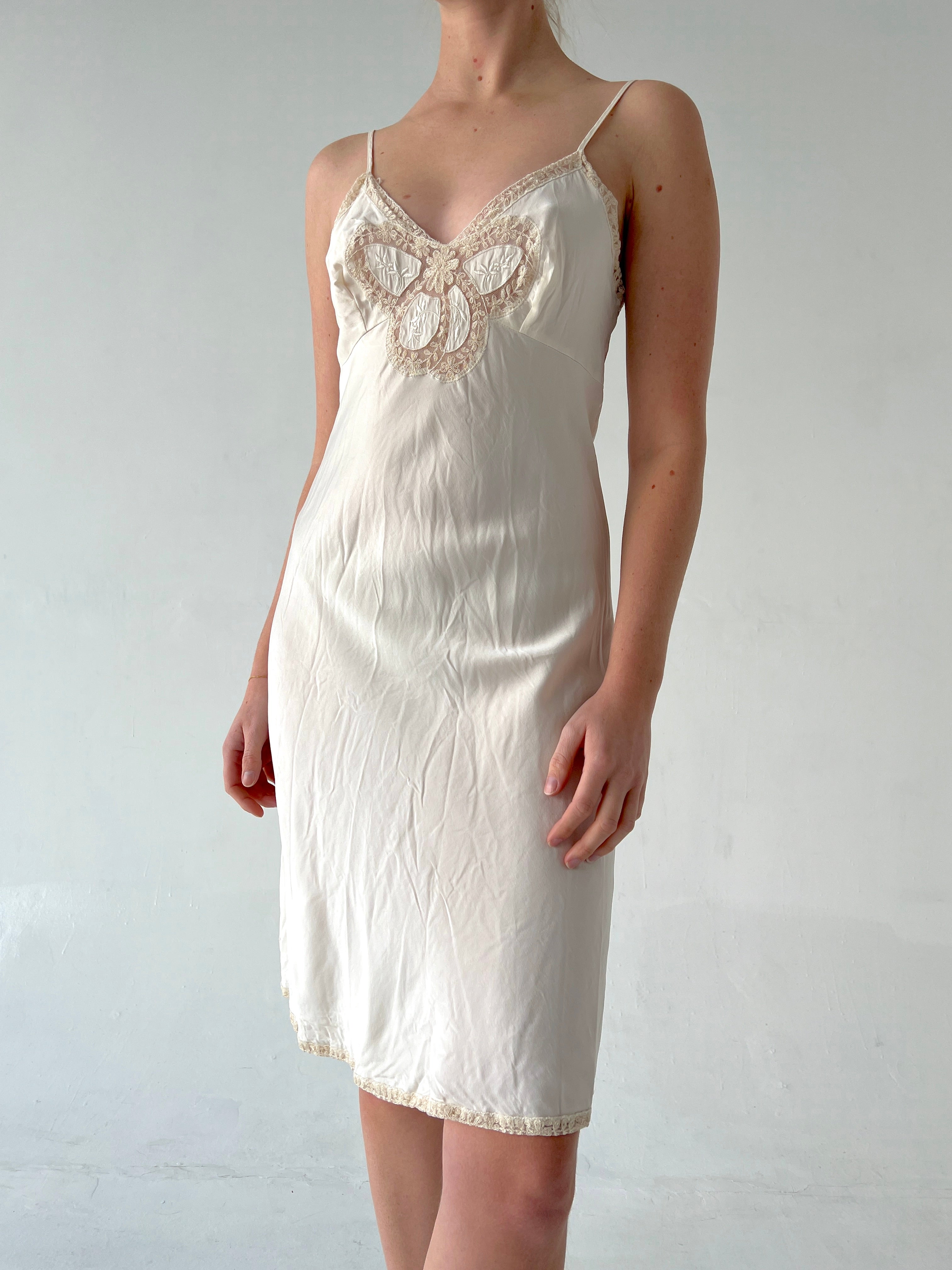 1940's White Silk Slip With Lace Butterfly Insert