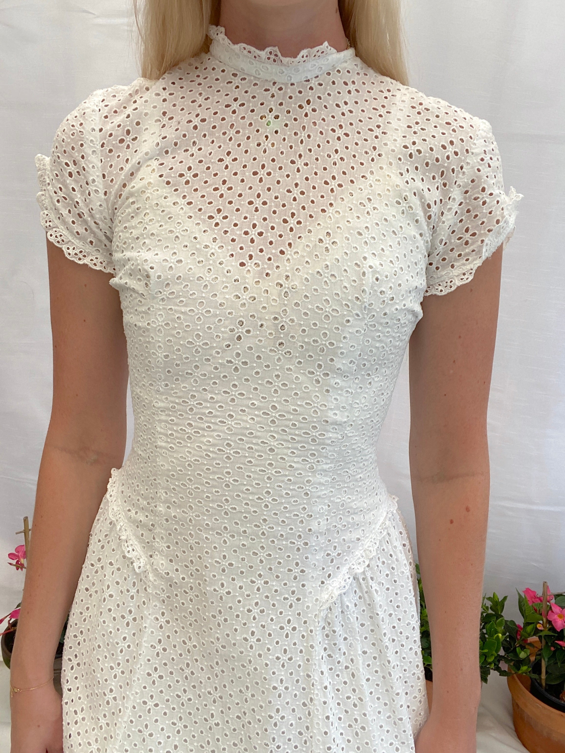 1930's White Eyelet Gown with Train