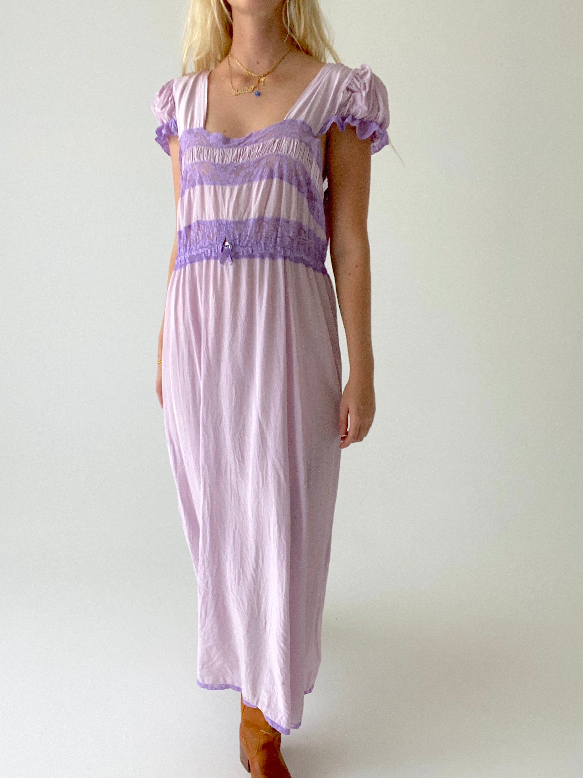 Hand Dyed Saie Lilac Dress with Puffed Sleeve