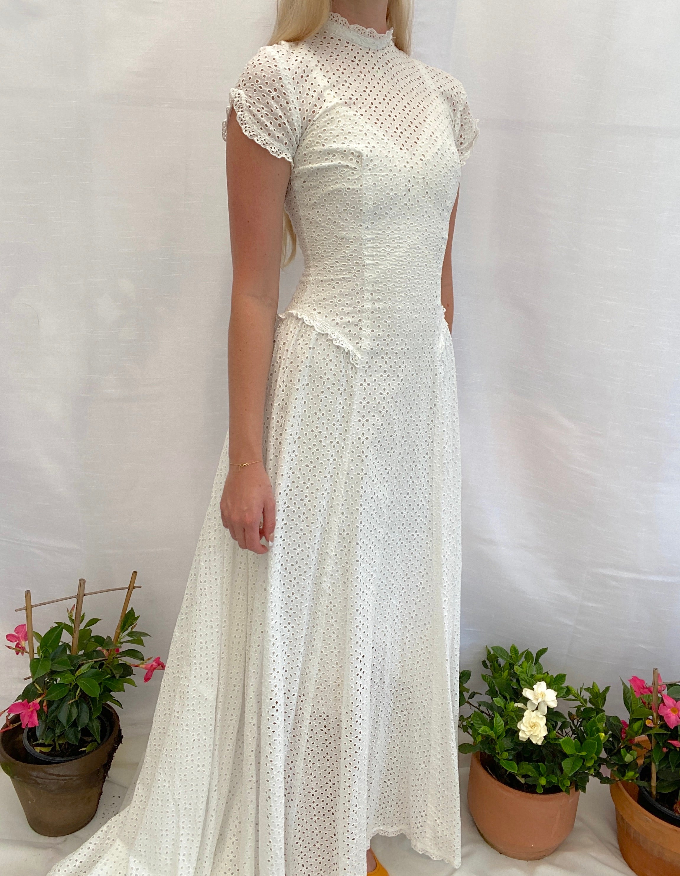 1930's White Eyelet Gown with Train