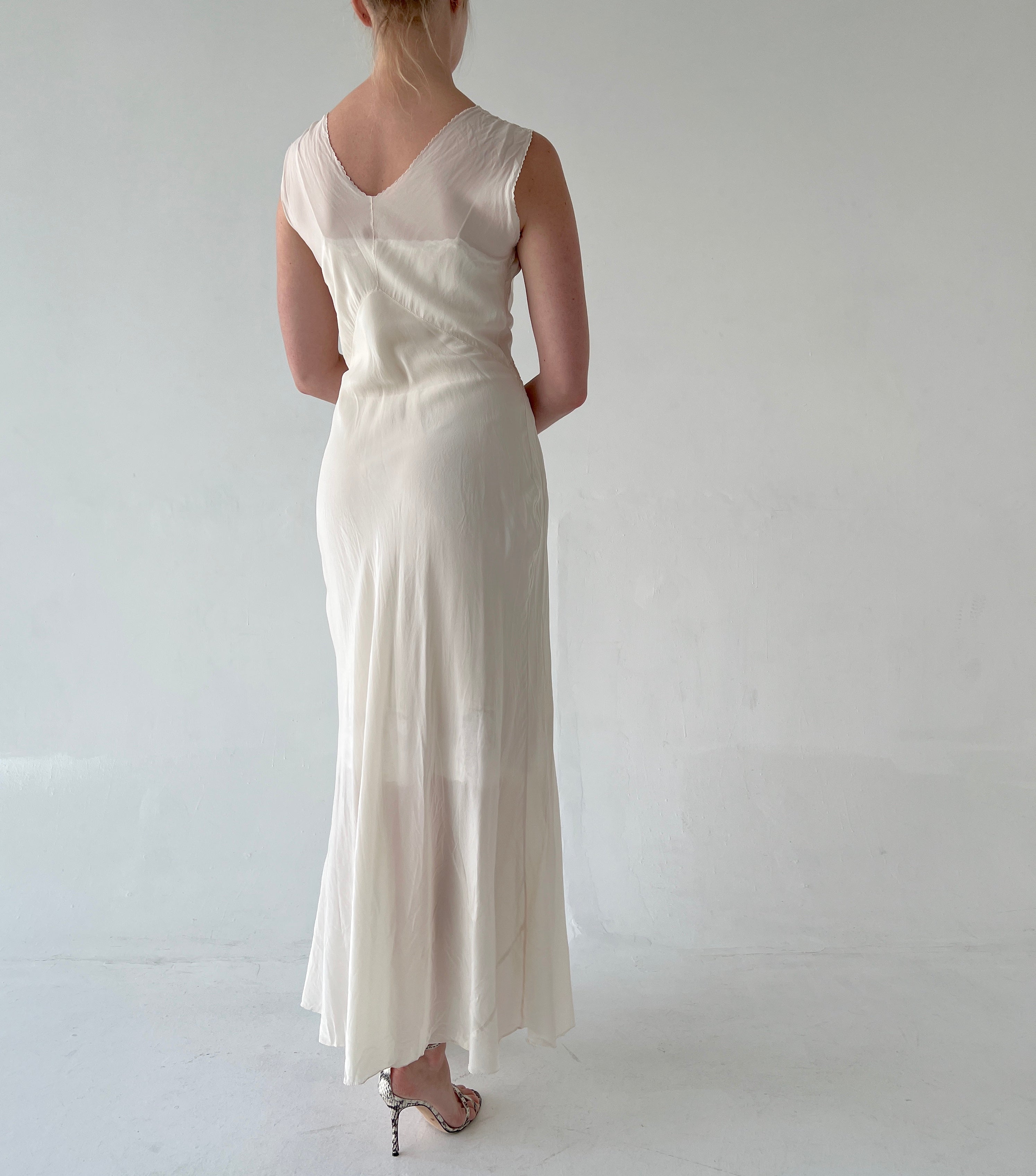 1930's White Silk Slip with Floral Inserts