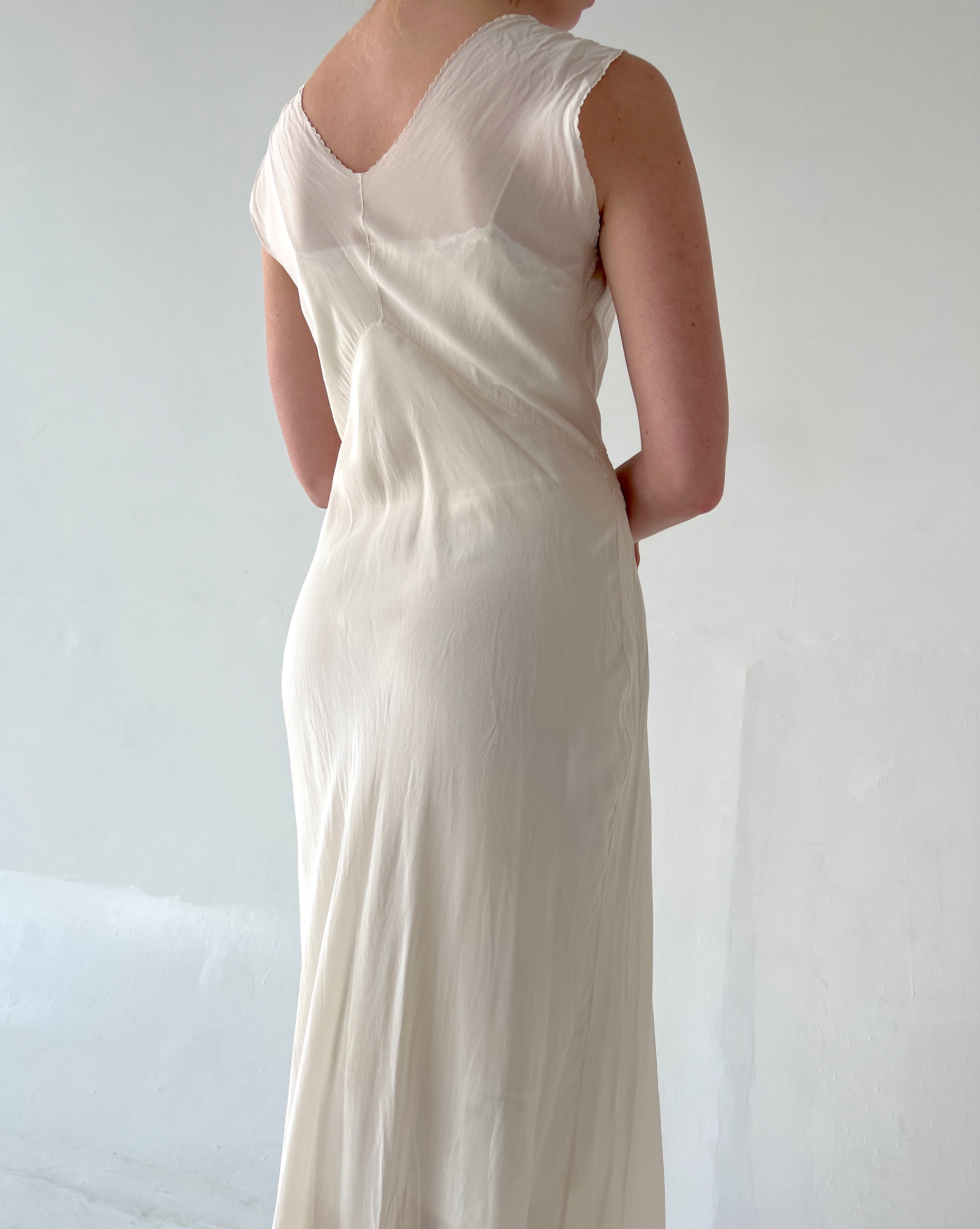 1930's White Silk Slip with Floral Inserts