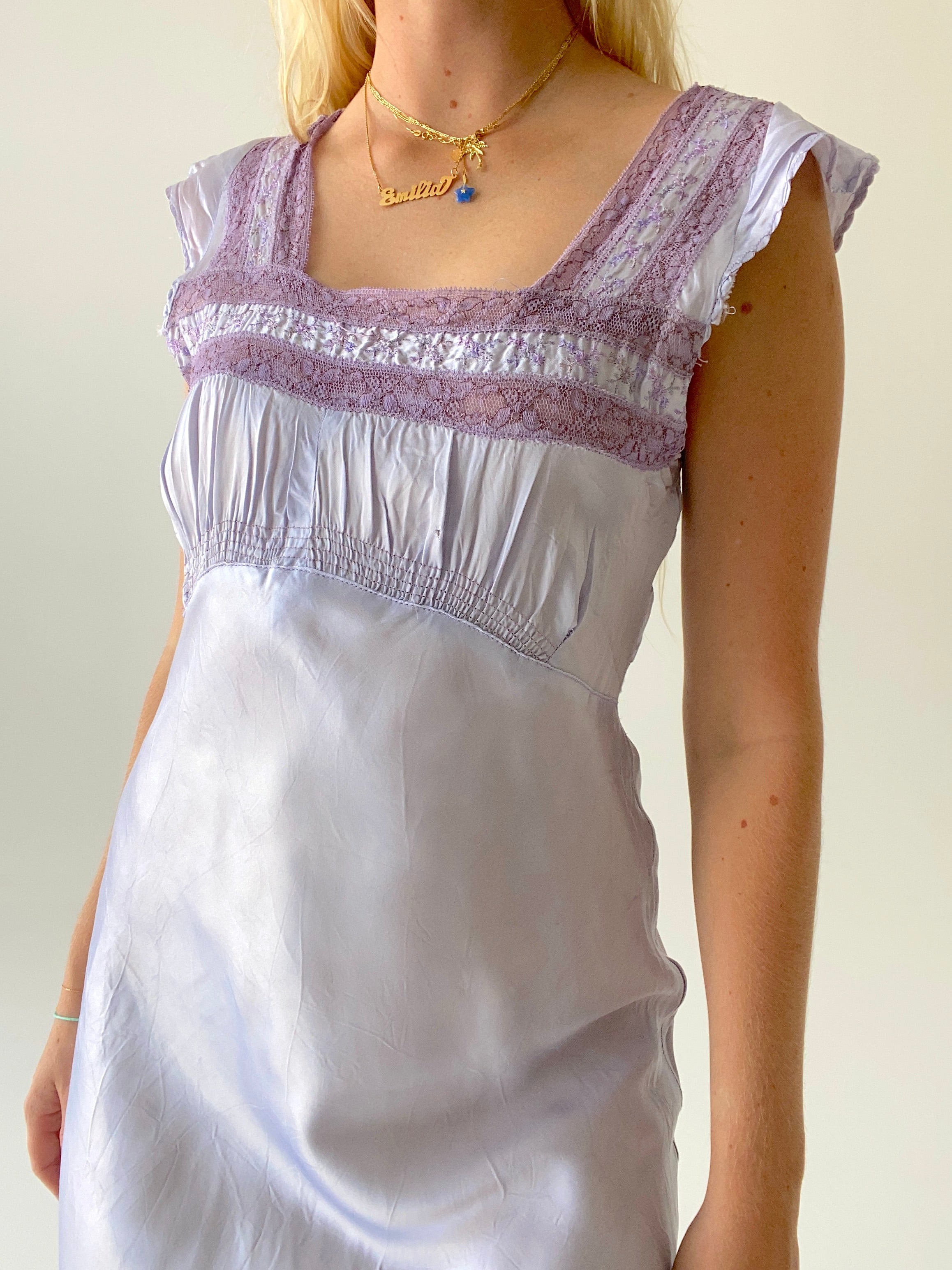 Hand Dyed Baby Blue/Lilac Slip with Saie Lilac Lace