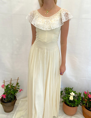 1930's Off White Crepe Gown with White Lace