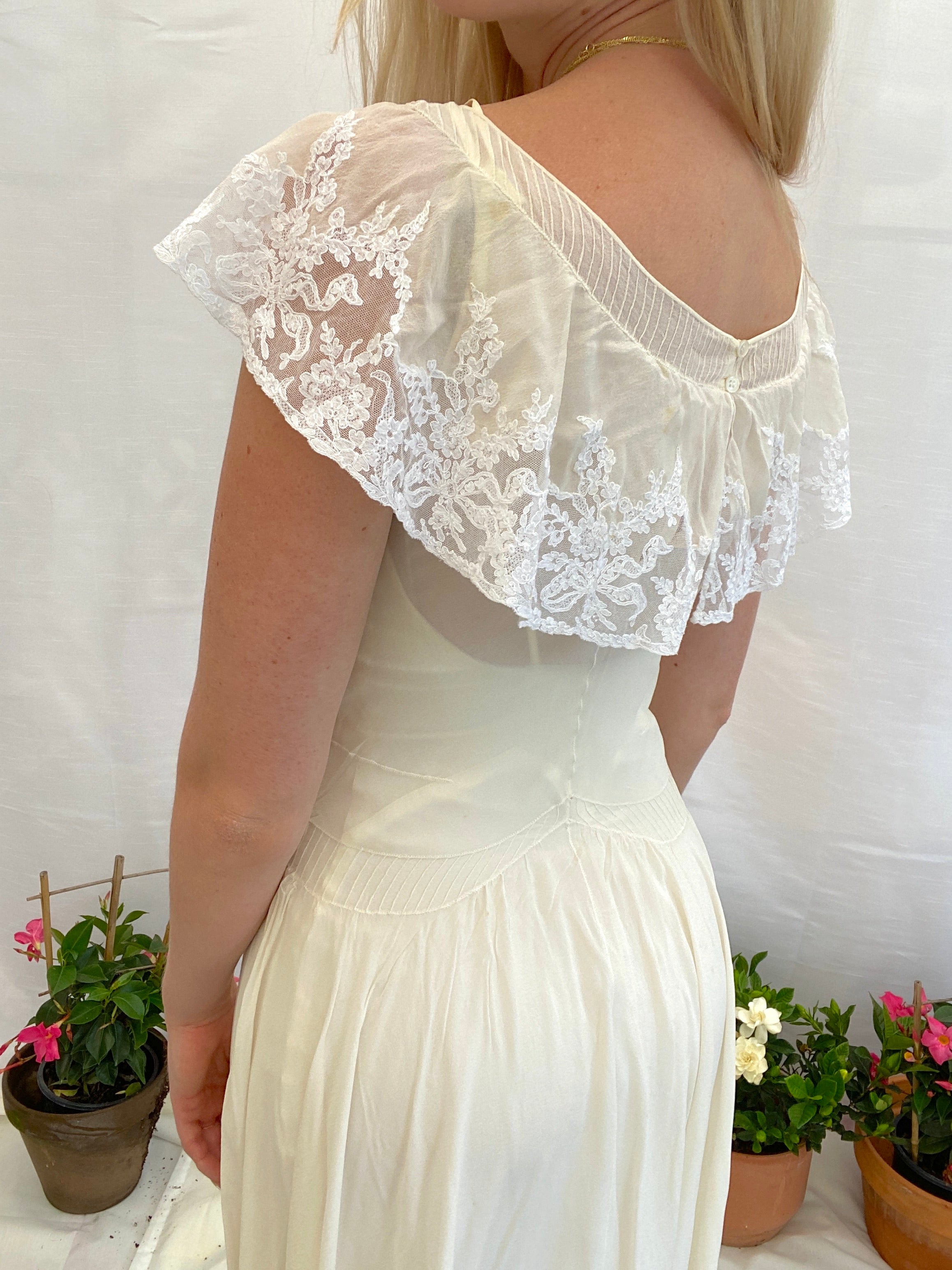 1930's Off White Crepe Gown with White Lace