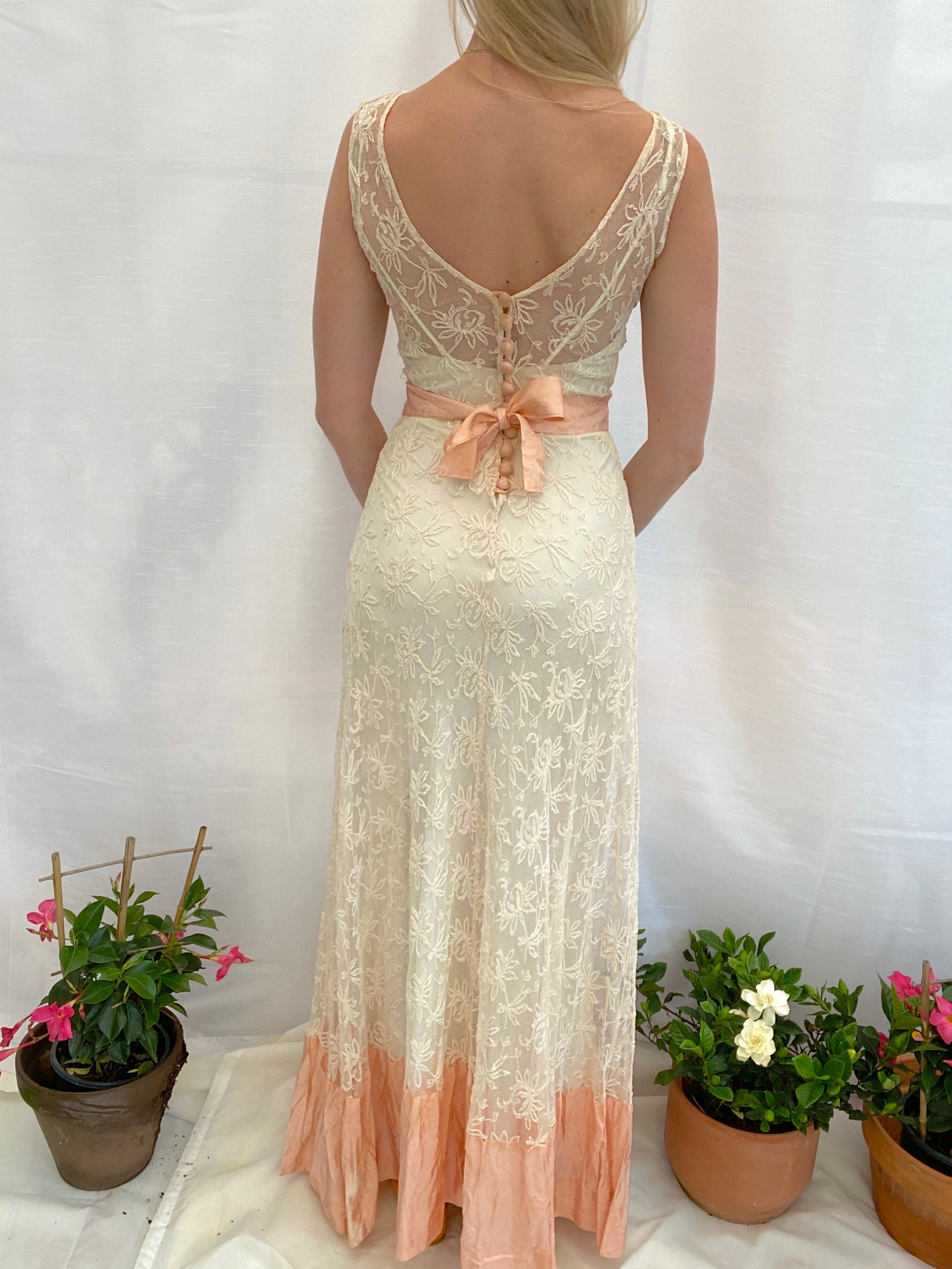 1930's Pale Peach Cotton Embroidered Net Dress