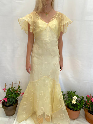 1930's Yellow Organza Gown with Circle Embroidery