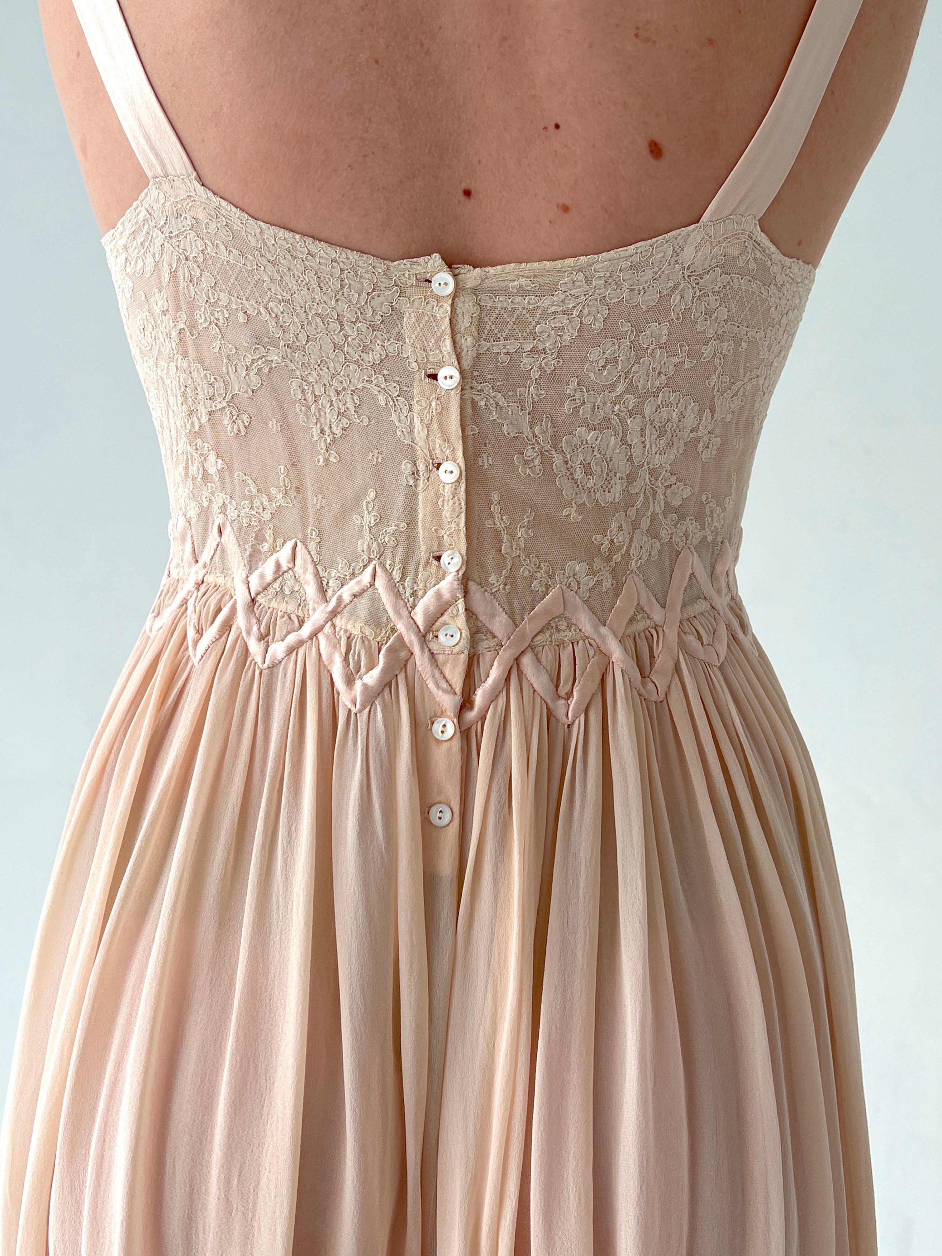1930's Pink Silk Chiffon Babydoll Dress with Cream Lace