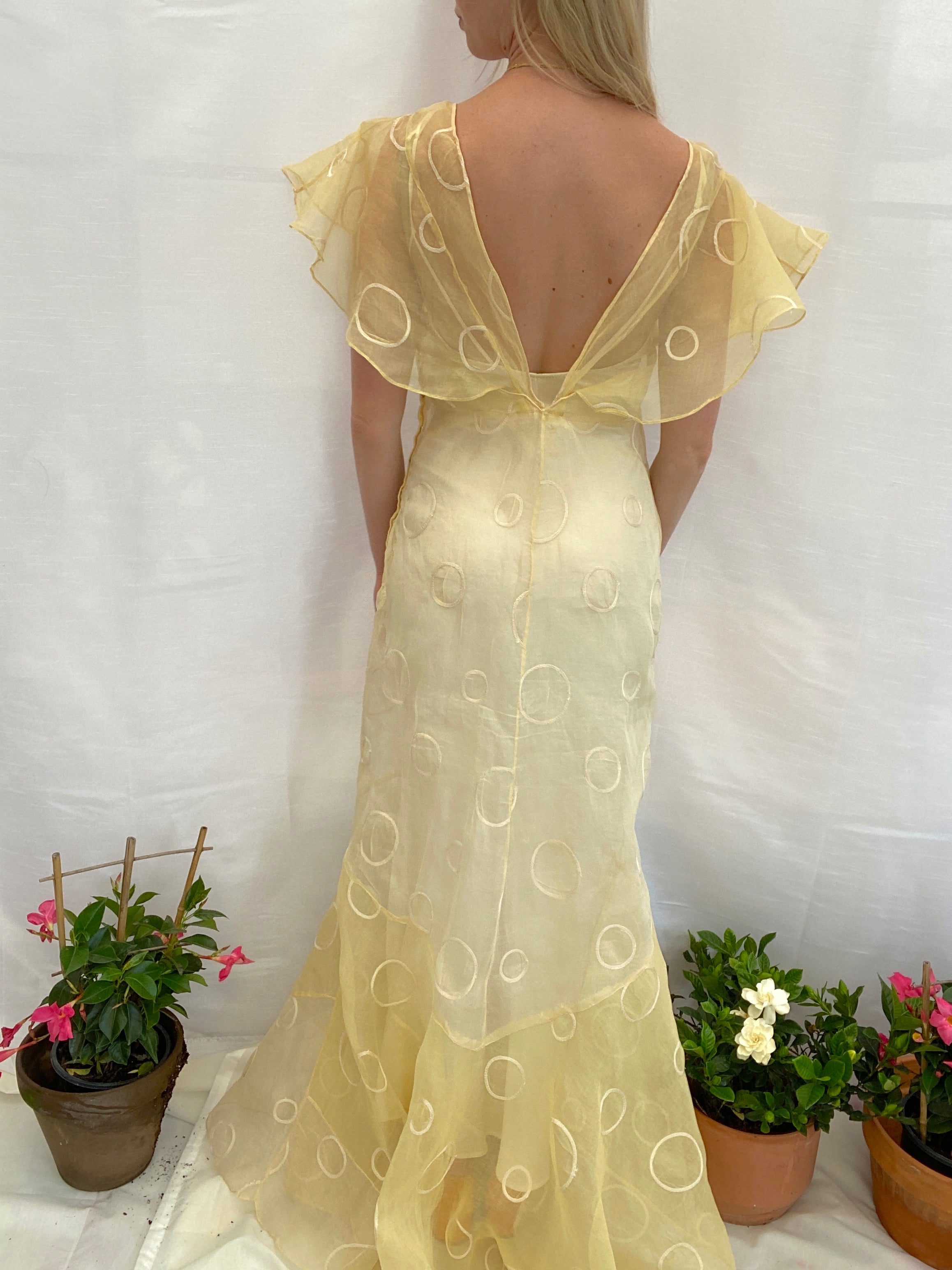 1930's Yellow Organza Gown with Circle Embroidery