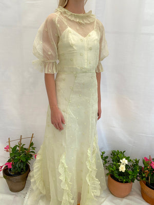 1930's Pale Green Organza Gown with Floral Embroidery