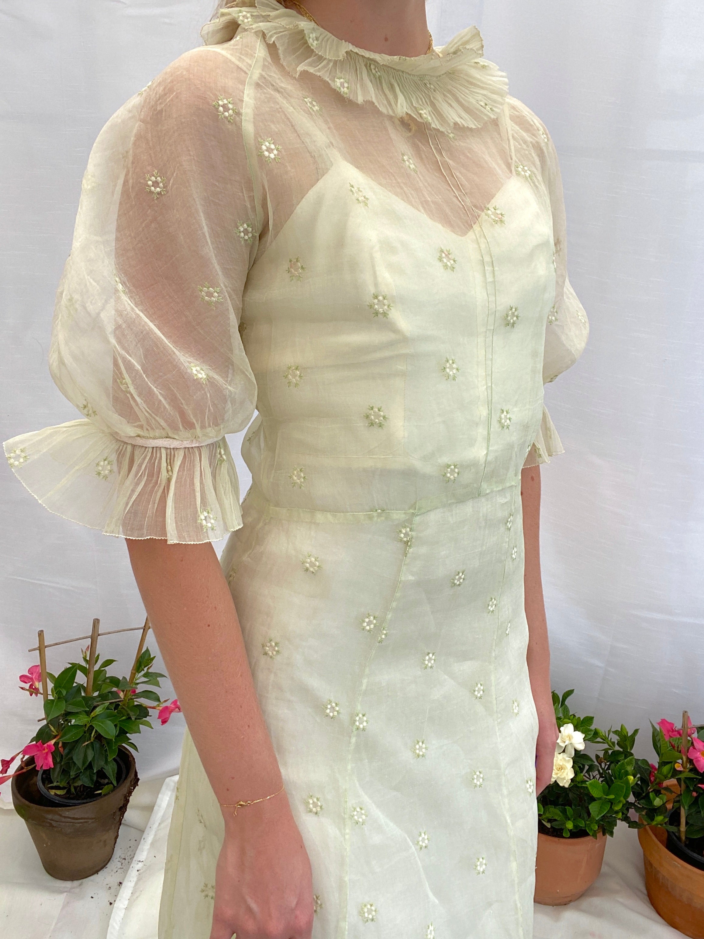 1930's Pale Green Organza Gown with Floral Embroidery