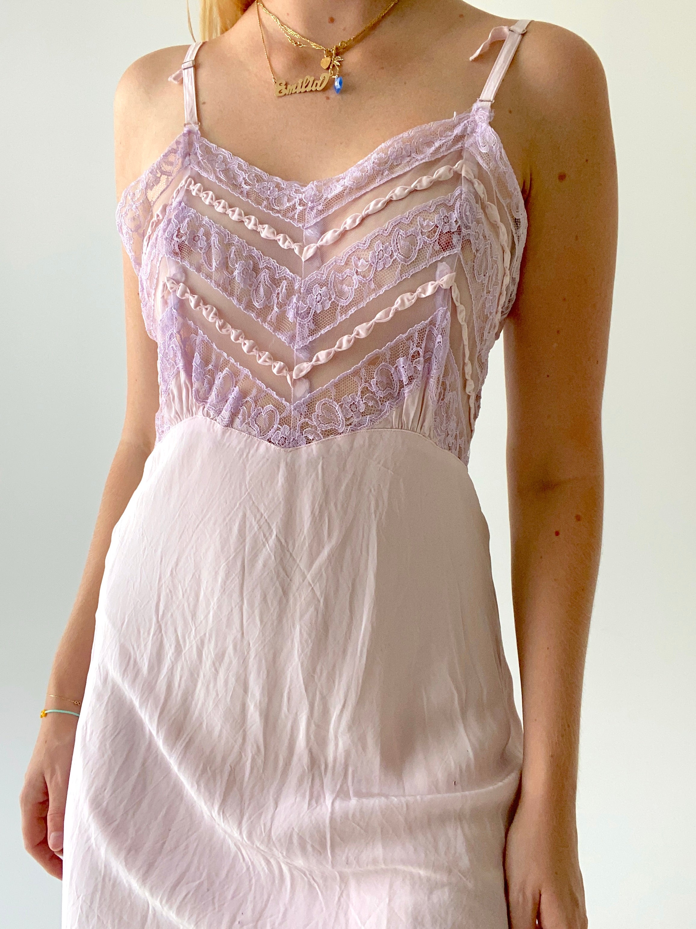 Hand Dyed Saie Lilac Spaghetti Strap Slip with Lace Bust