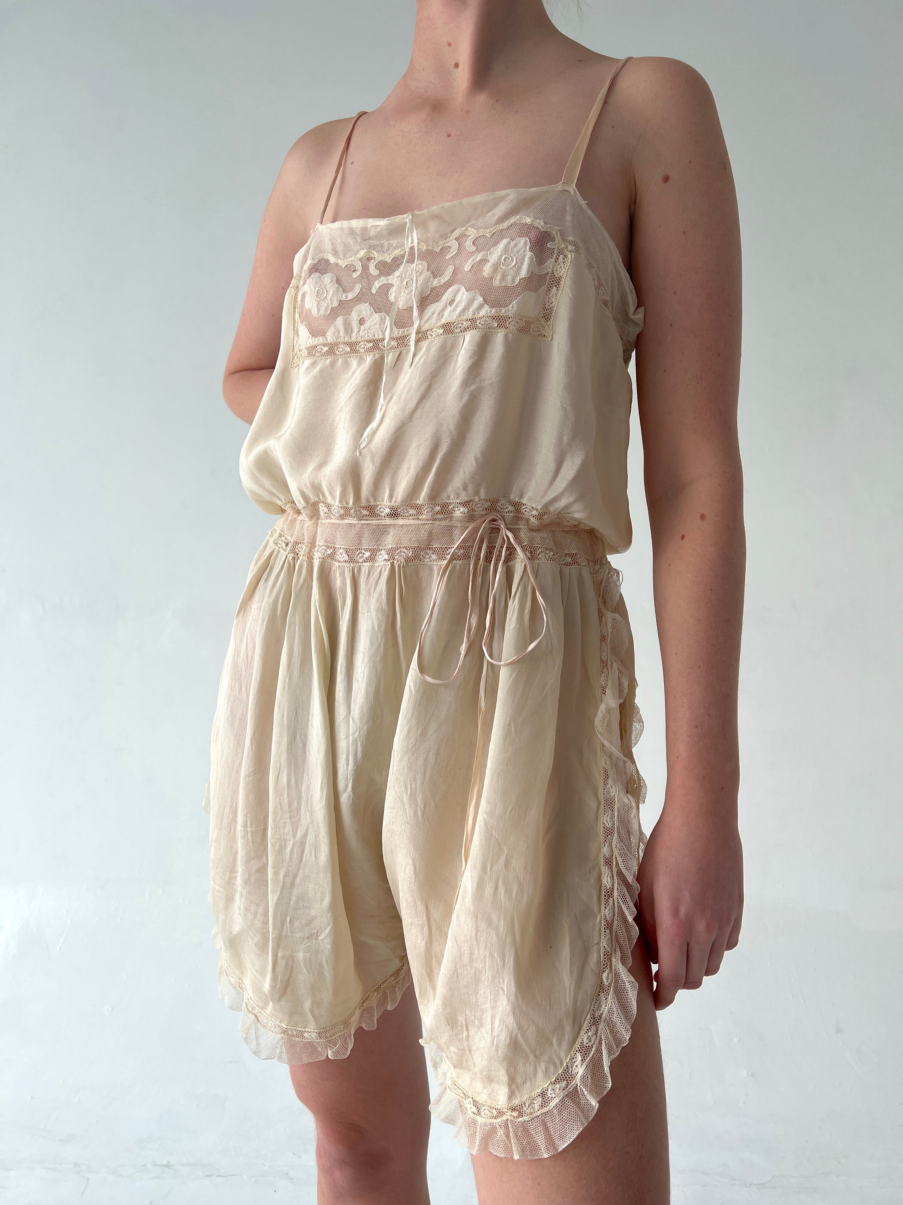 1920's Cream Silk Step In with Floral Lace