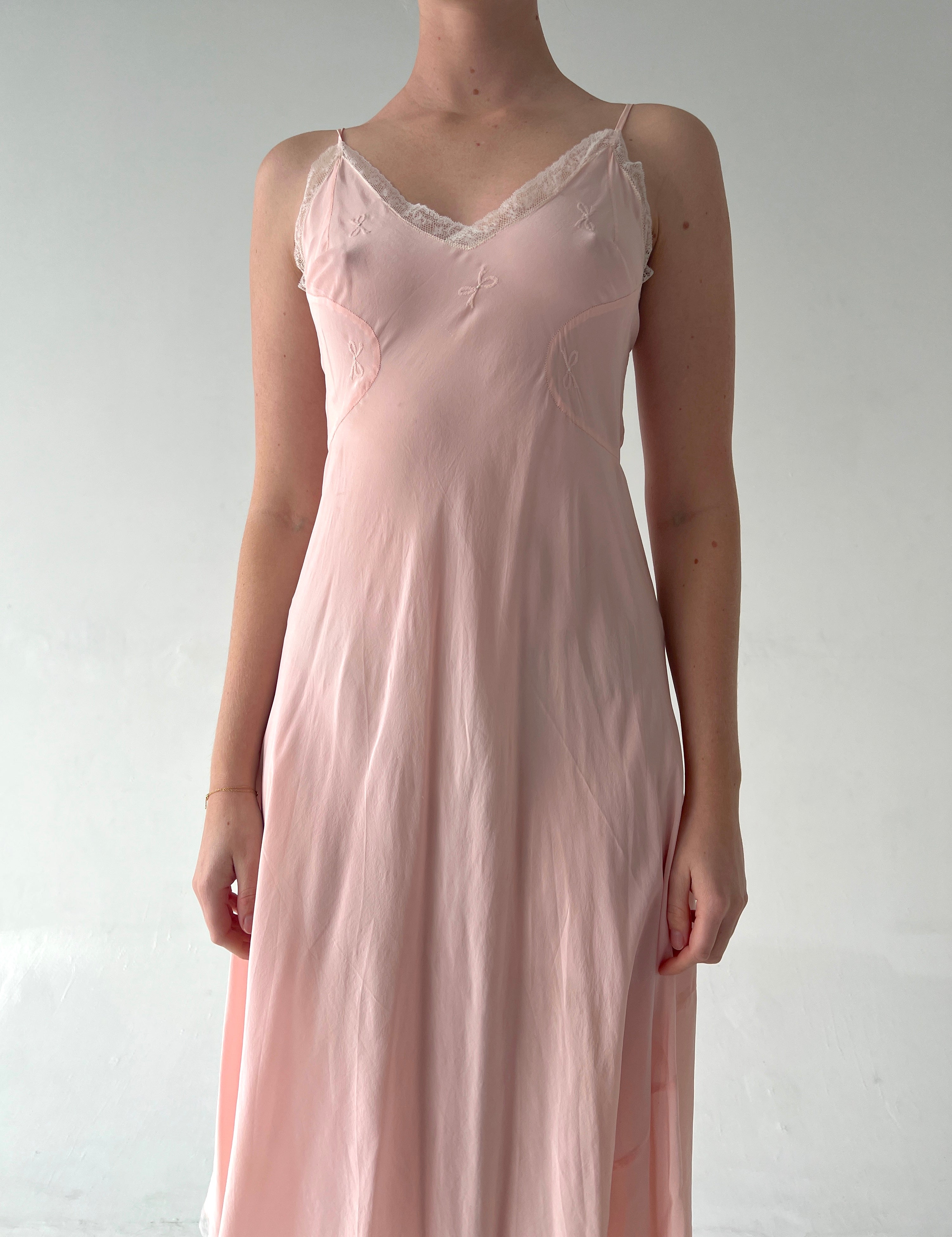 1940's Pink Silk Slip with Bow Embroidery