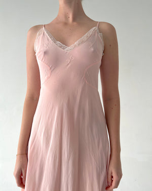 1940's Pink Silk Slip with Bow Embroidery