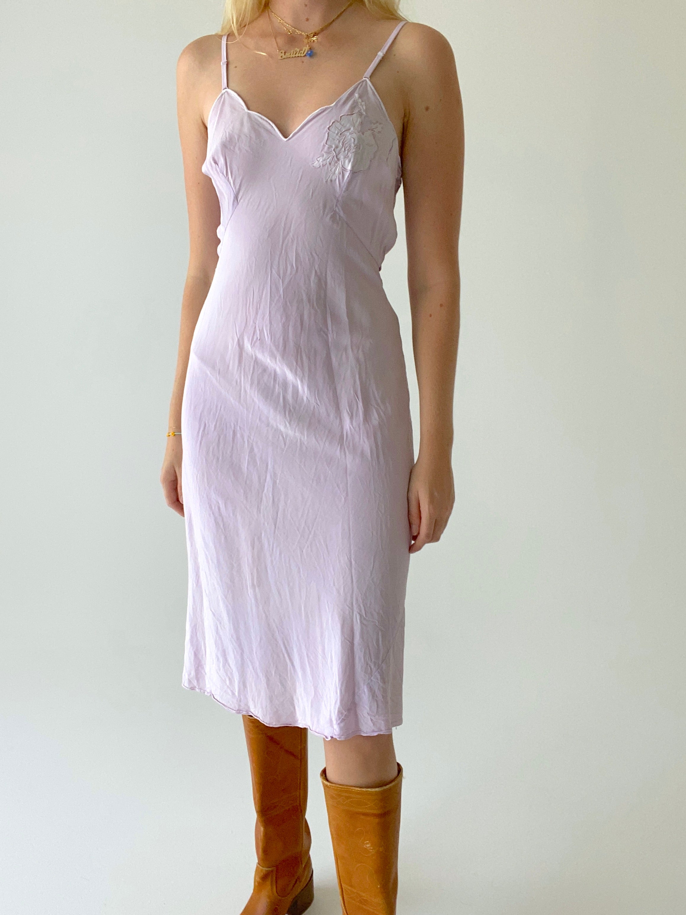 Hand Dyed Saie Lilac Spaghetti Strap Slip with Floral Embroidery