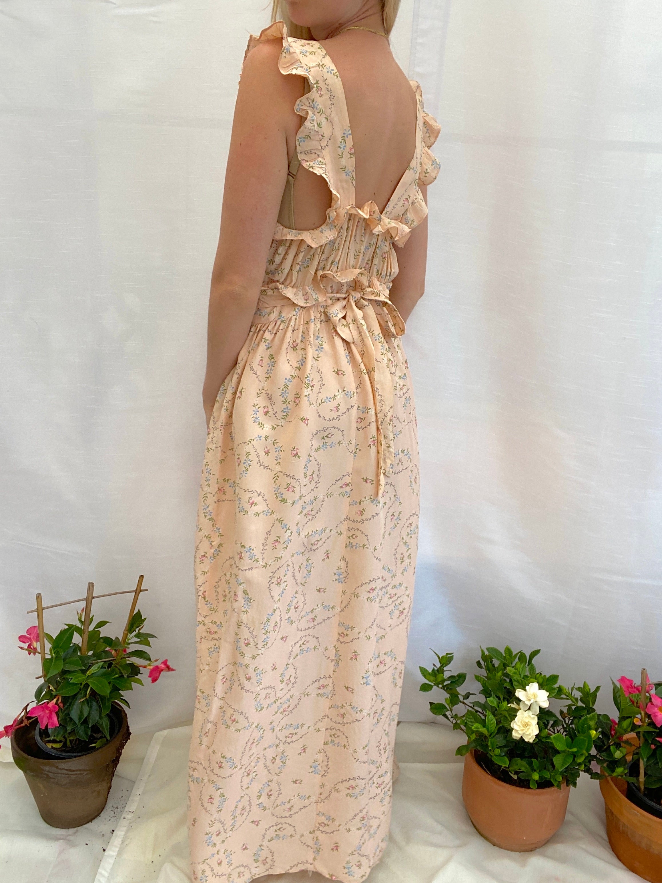 1940's Peach Silk Delicate Floral and Twig Print Slip with Ruffles