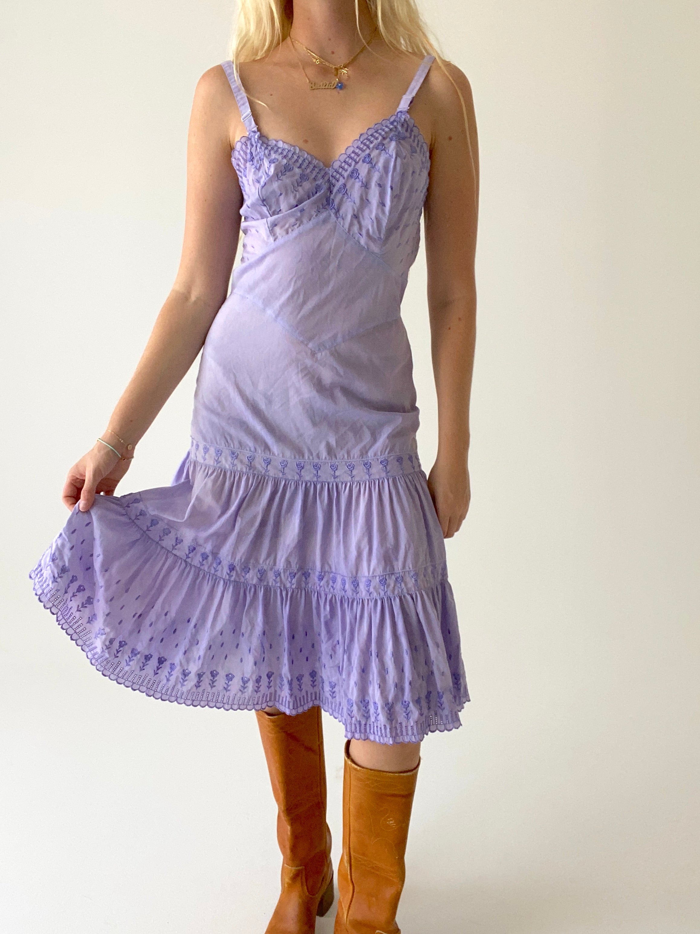 Hand Dyed Saie Lilac Cotton Dress with Floral Eyelet