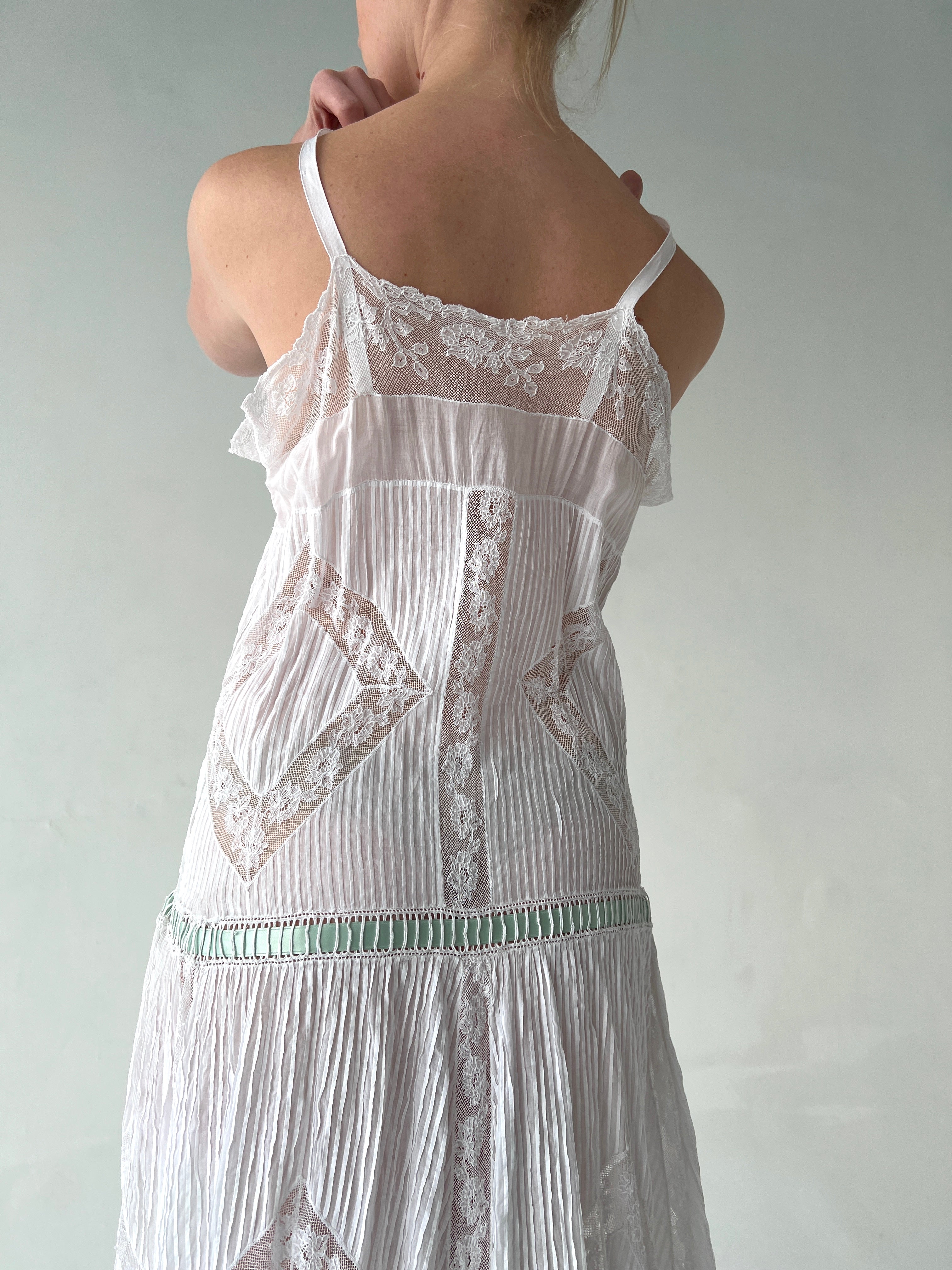 Edwardian White Cotton Dress with Green Ribbon