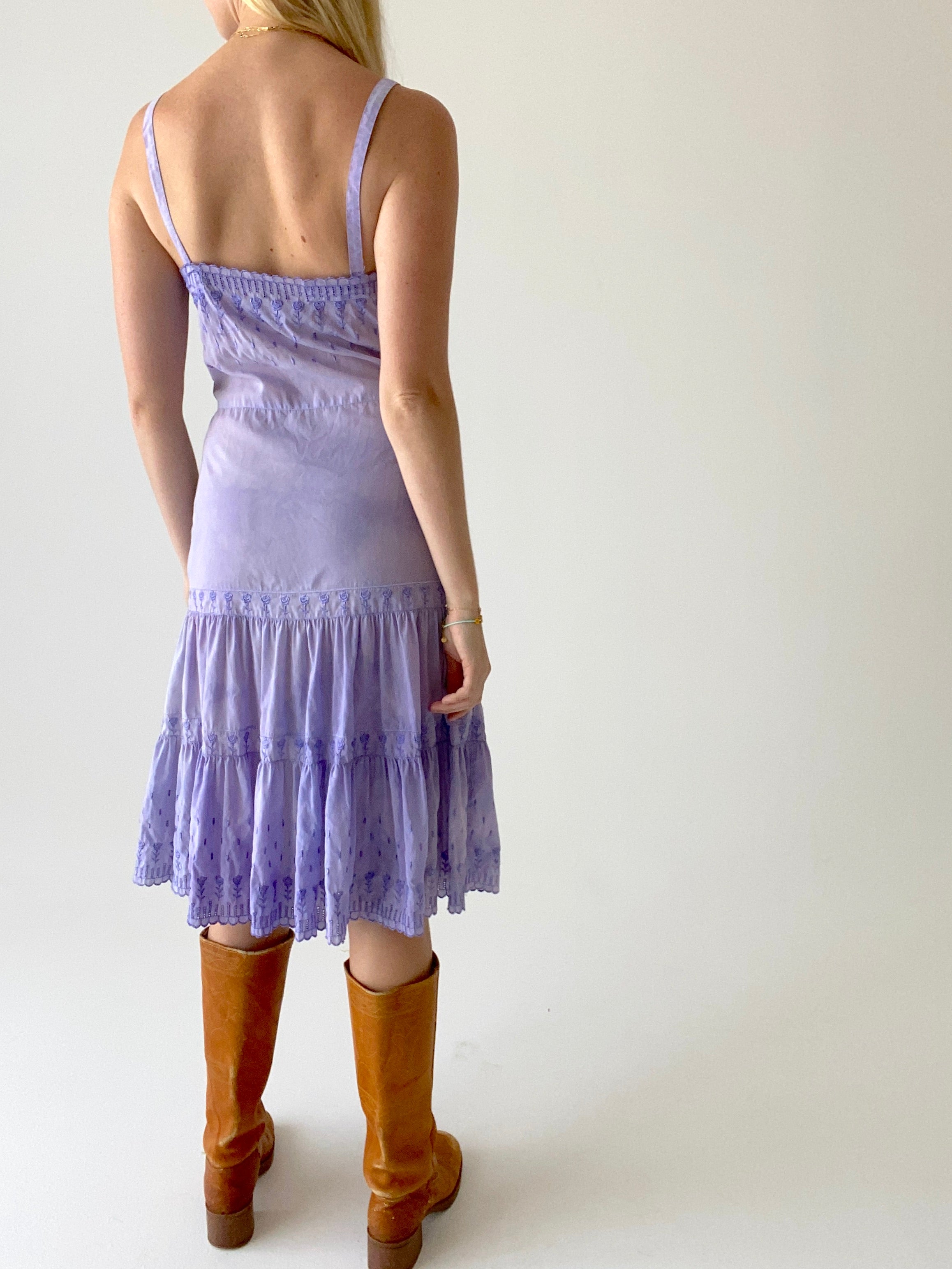 Hand Dyed Saie Lilac Cotton Dress with Floral Eyelet