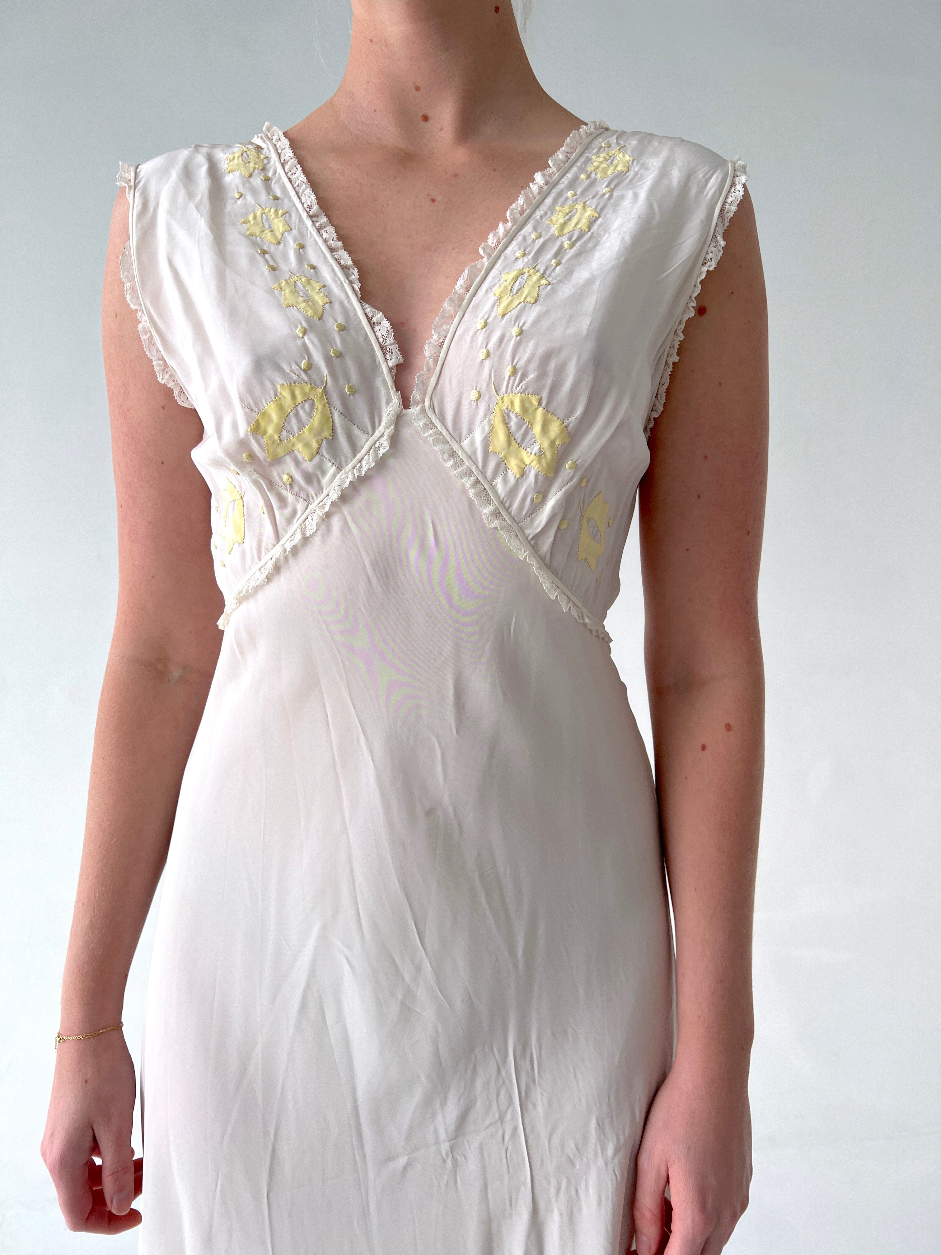 1940's White Slip with Yellow Leaf Embroidery
