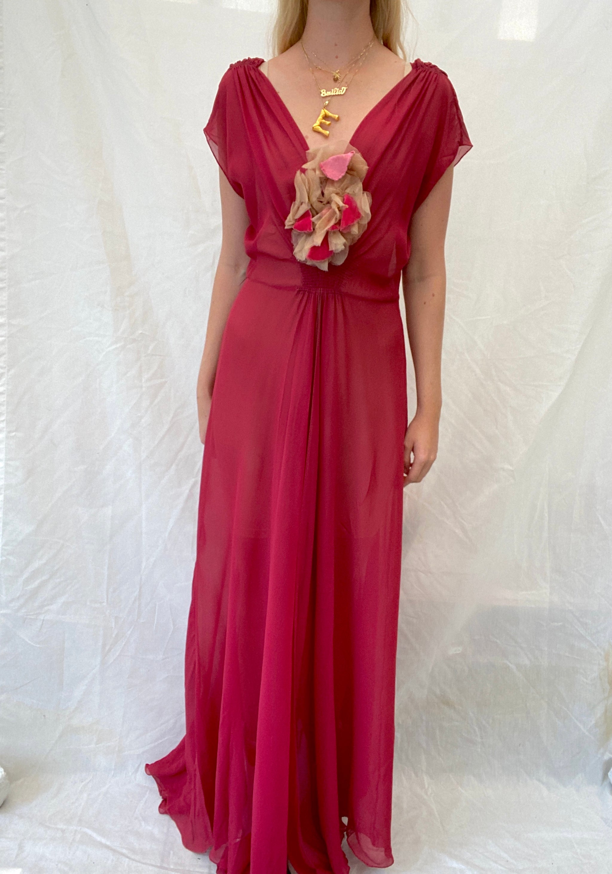 red chiffon dress Tamara Shirred Midi / | MESHKI Mini length Gather across bust line Adjustable back tie detailing Adjustable side tie detailing Thick strap style Back invisible zip Lightweight chiffon material Non stretch material Red One-shoulder High-Low Wrap Chiffon