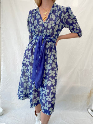 Blue Floral Print Chiffon Dress with Puffed Sleeves