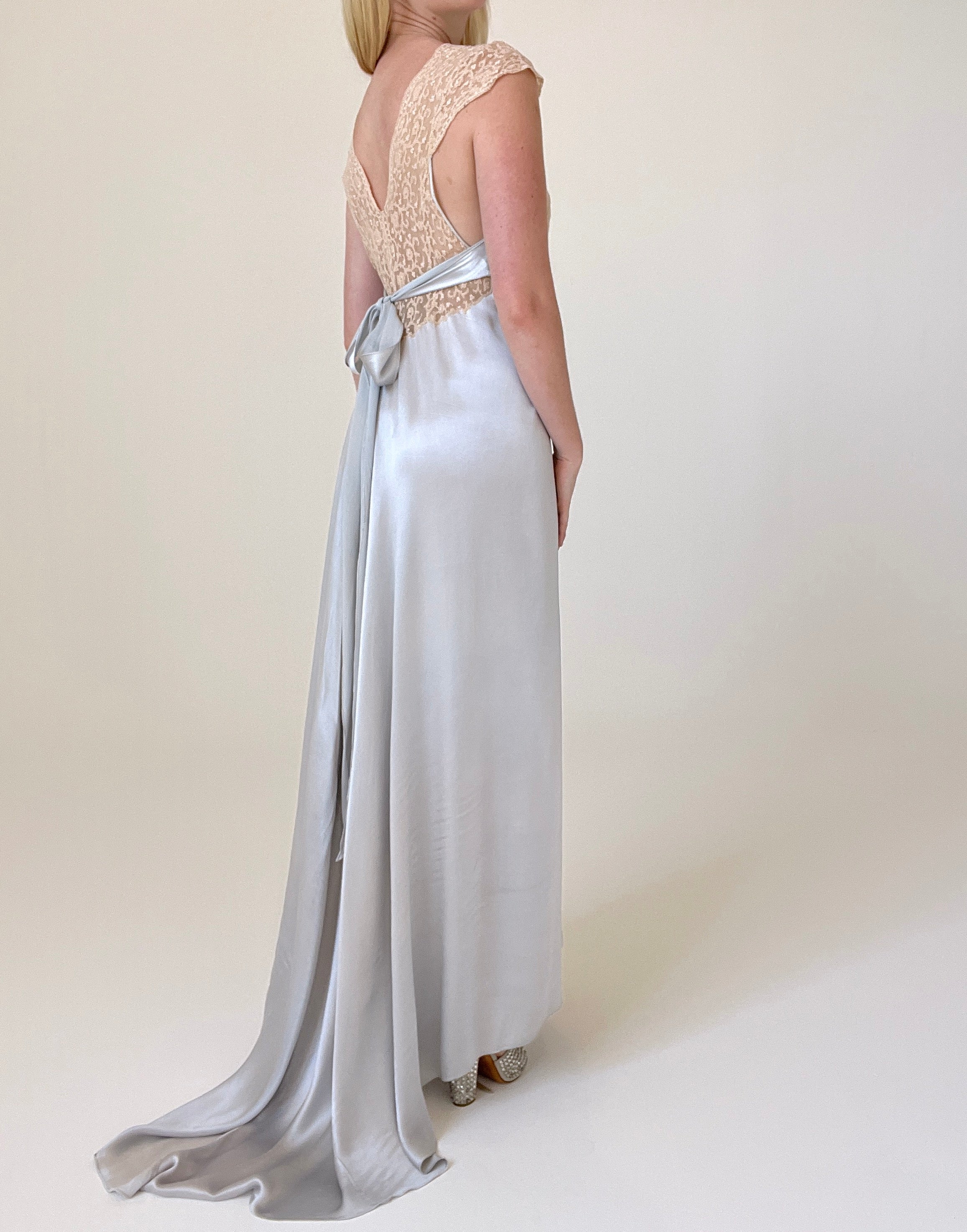 1930's Pale Blue Silk Gown with Train and Cream Lace Bodice