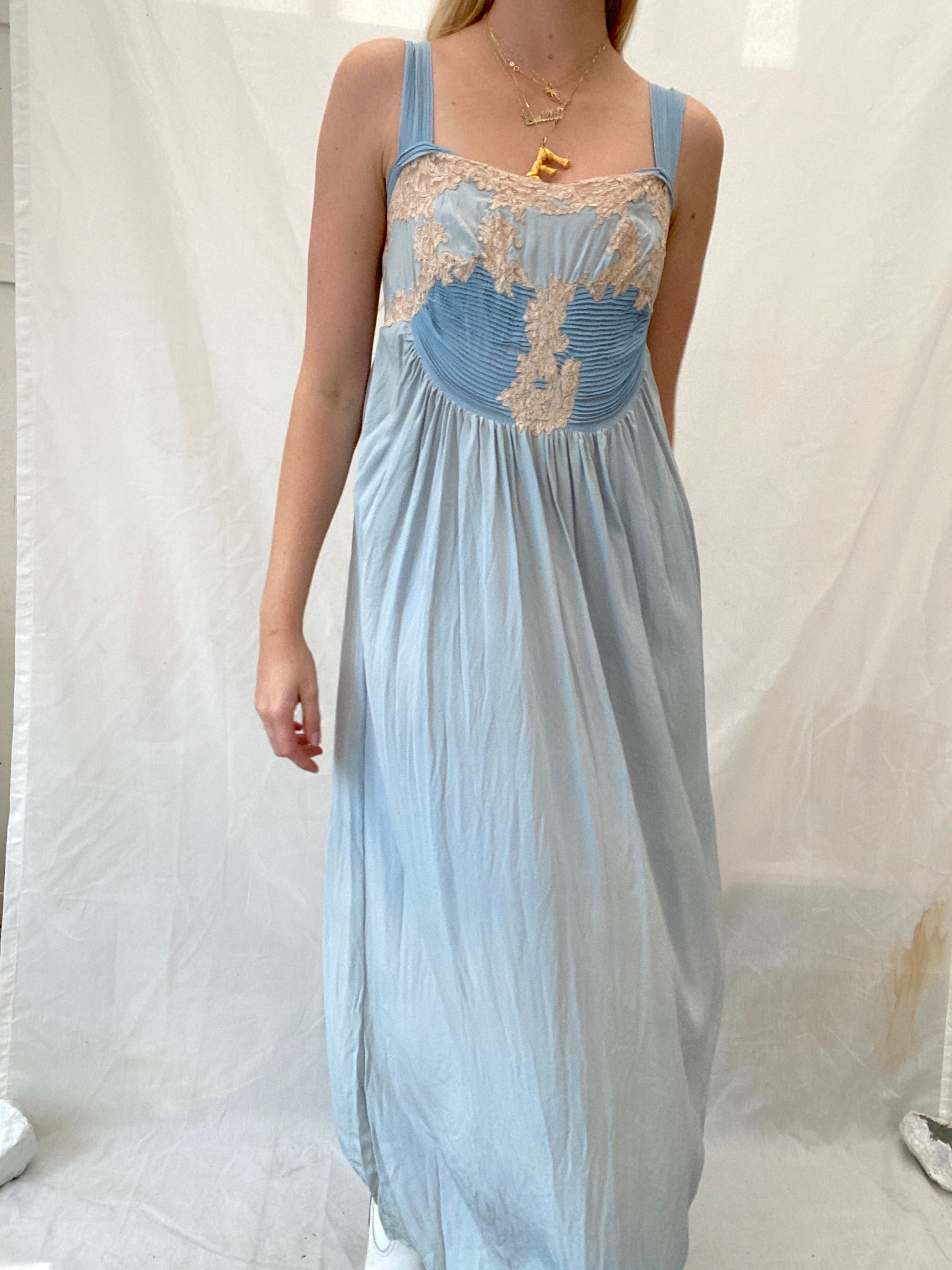 1920's Sky Blue Hand Stitched Slip with Cream Lace