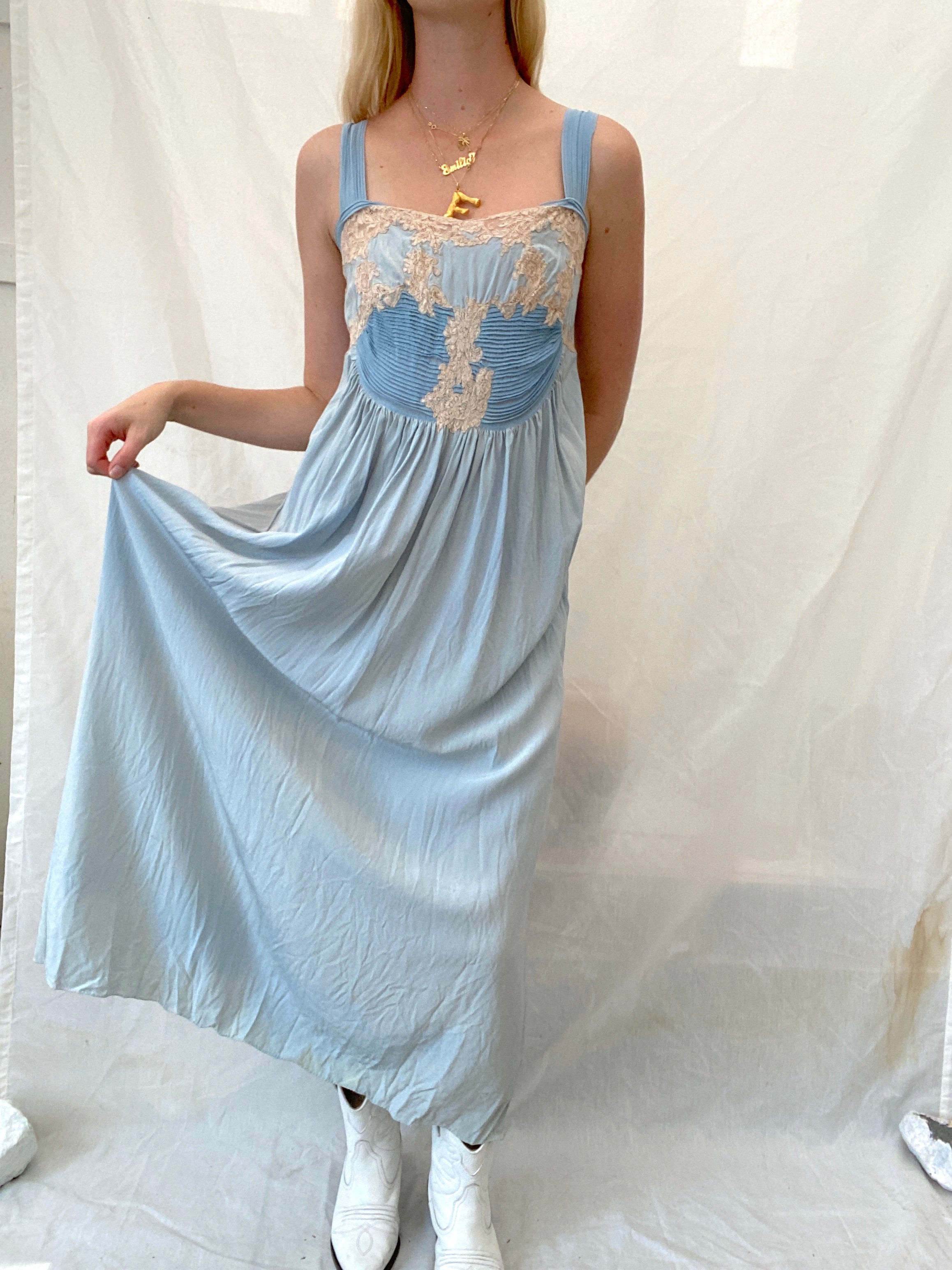 1920's Sky Blue Hand Stitched Slip with Cream Lace