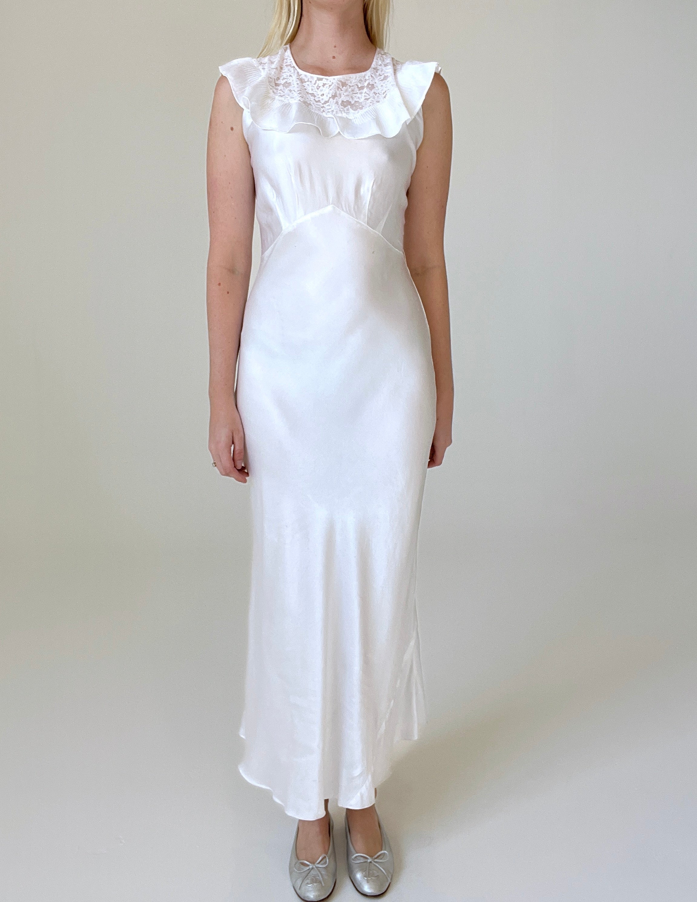 1930's Bridal White Ruffle Silk Slip Dress