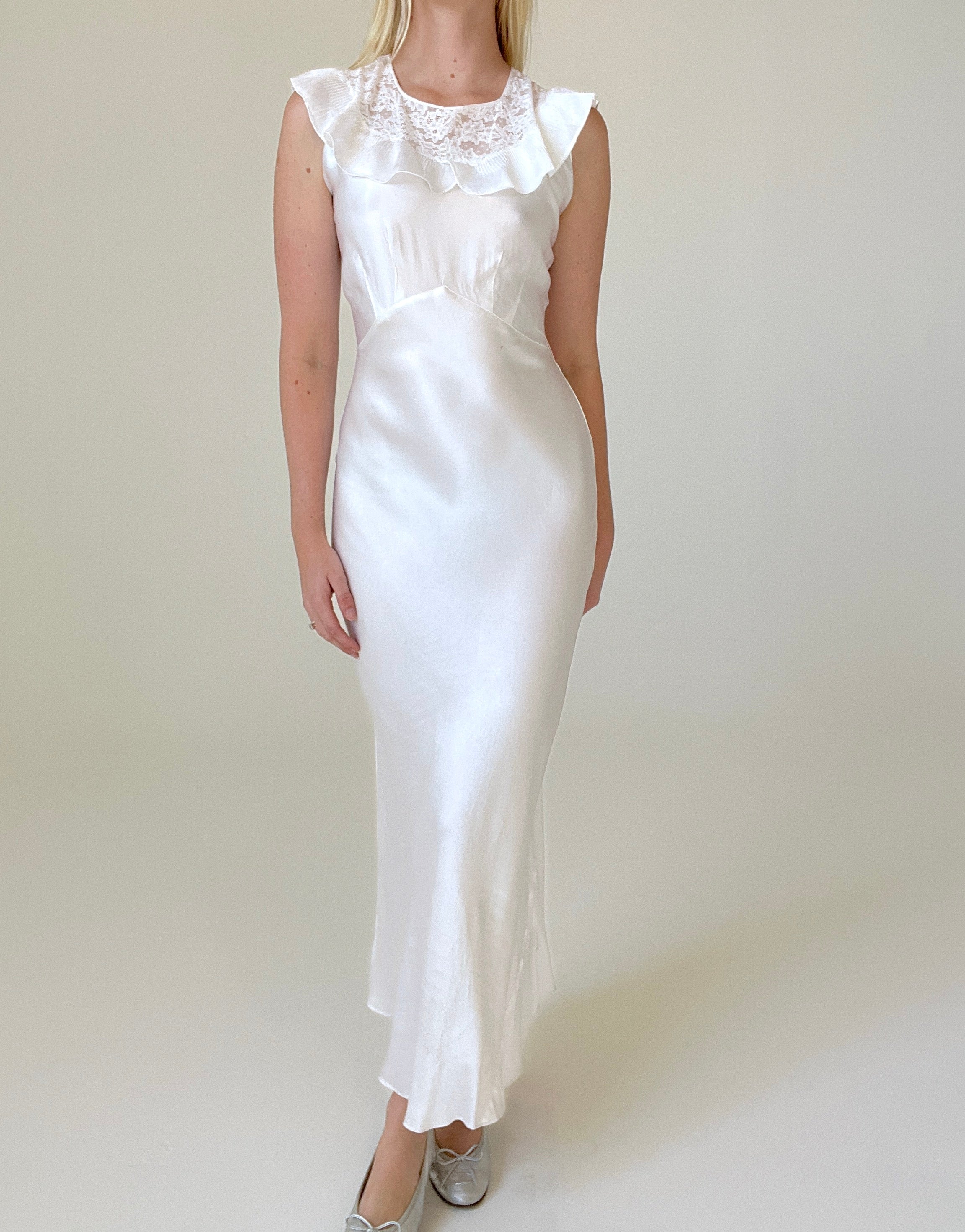 1930's Bridal White Ruffle Silk Slip Dress