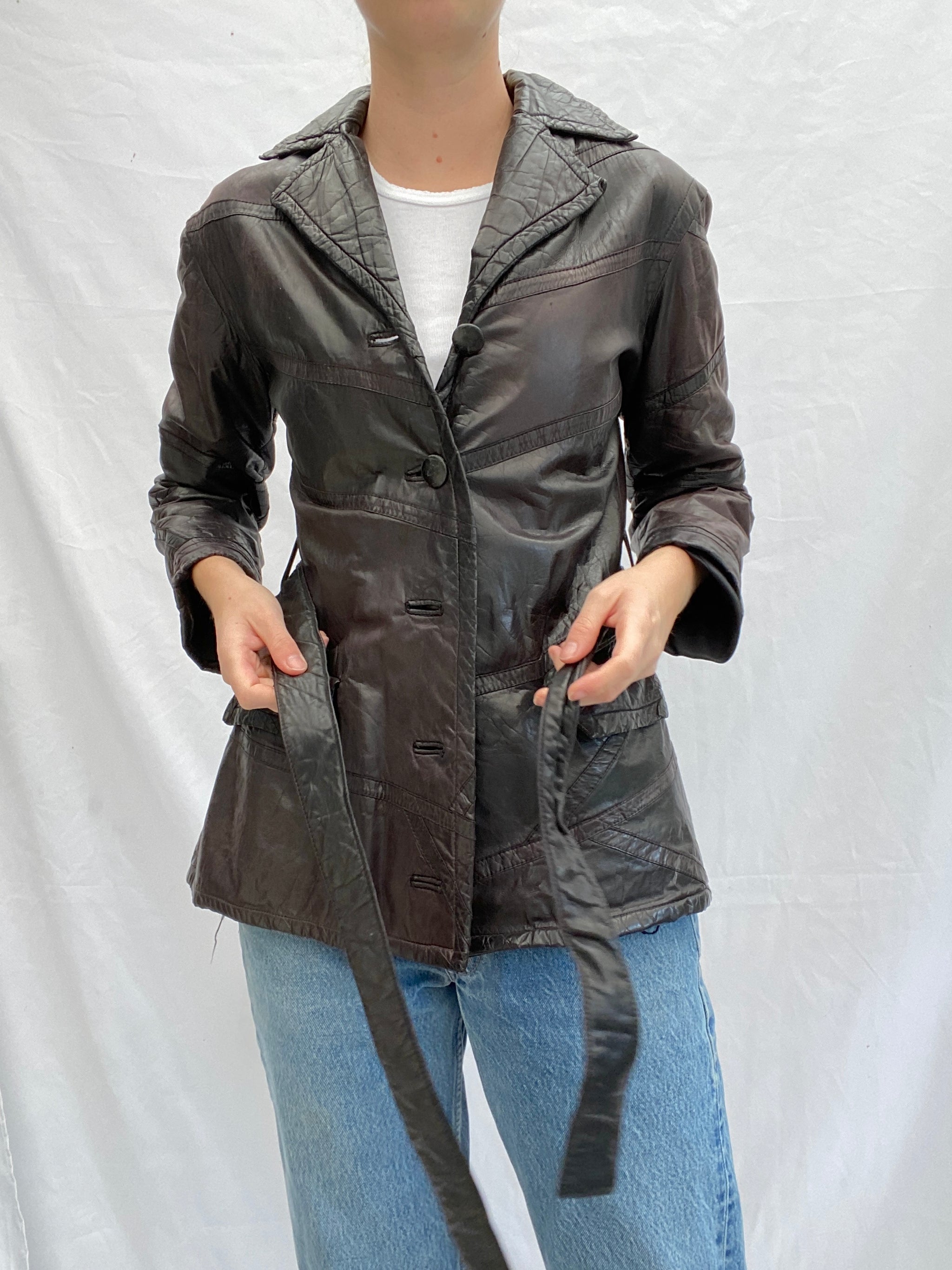 Dark Brown 70's Leather Jacket with Tie – Eveliina Vintage