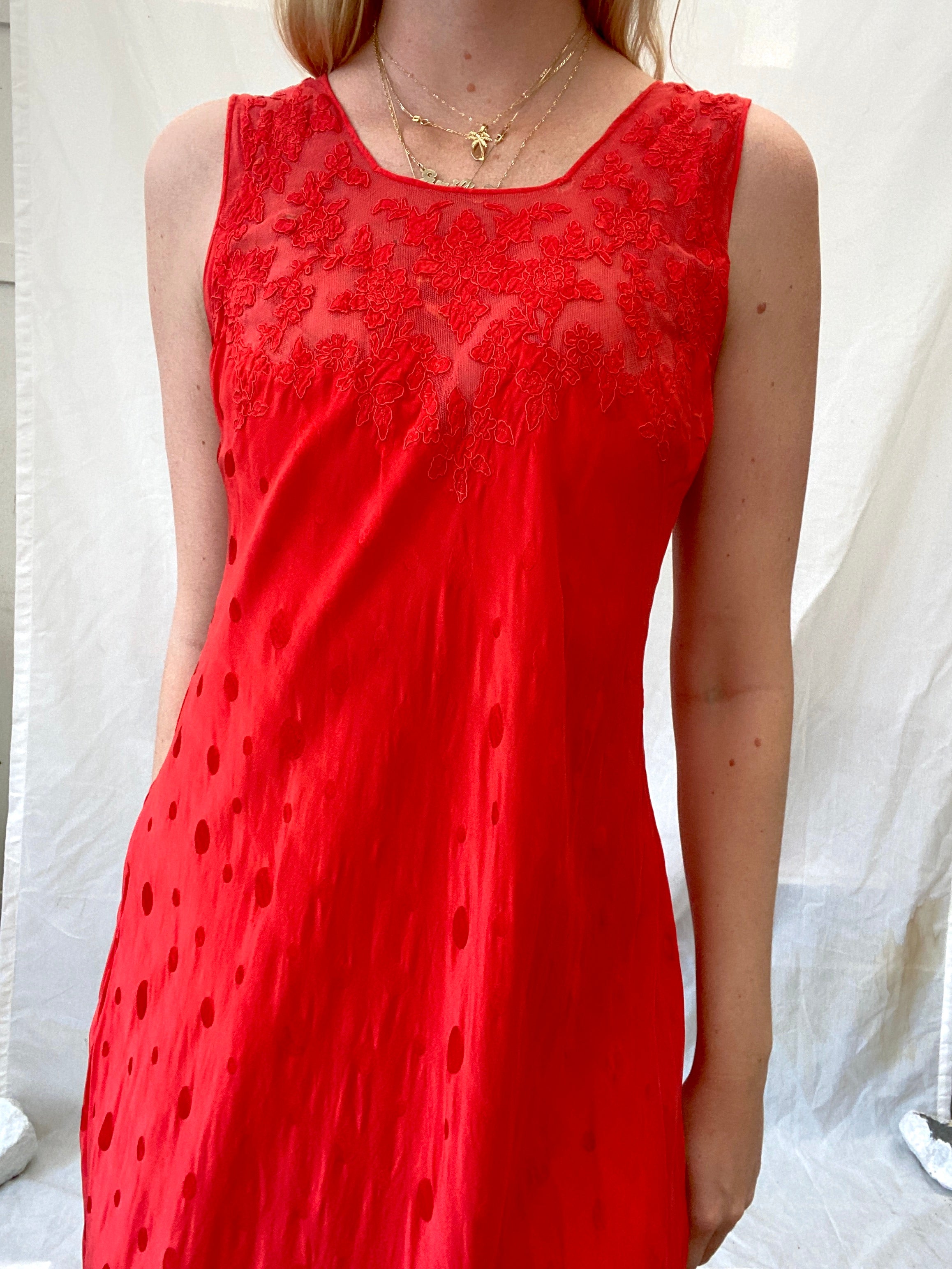 Hand Dyed Cherry Red Printed Silk Dress