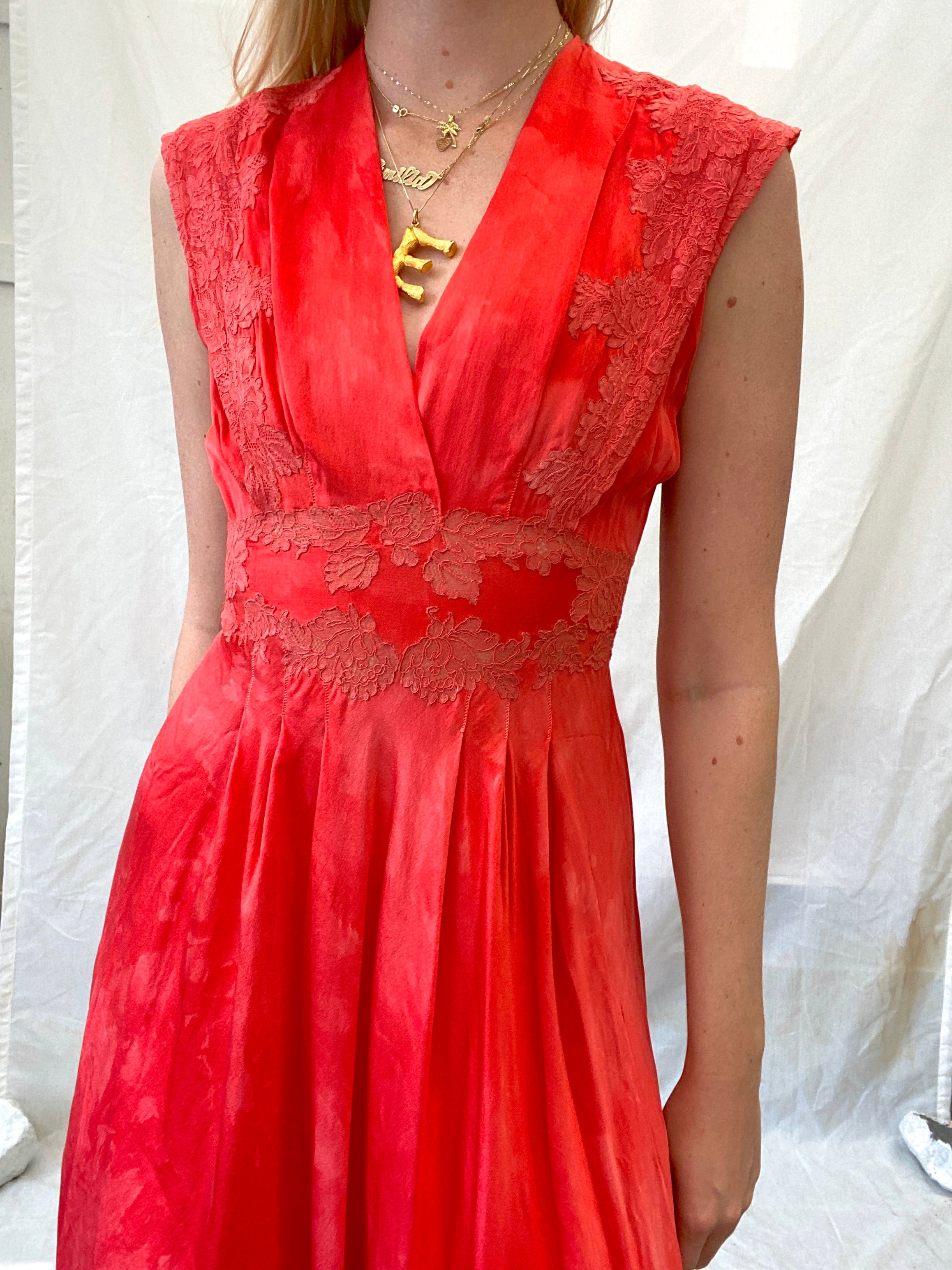 Hand Dyed Red 1930's Silk Dress