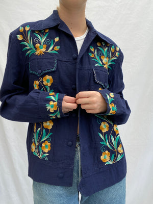 Blue Jacket with Turquoise and Brown Flower Embroidery