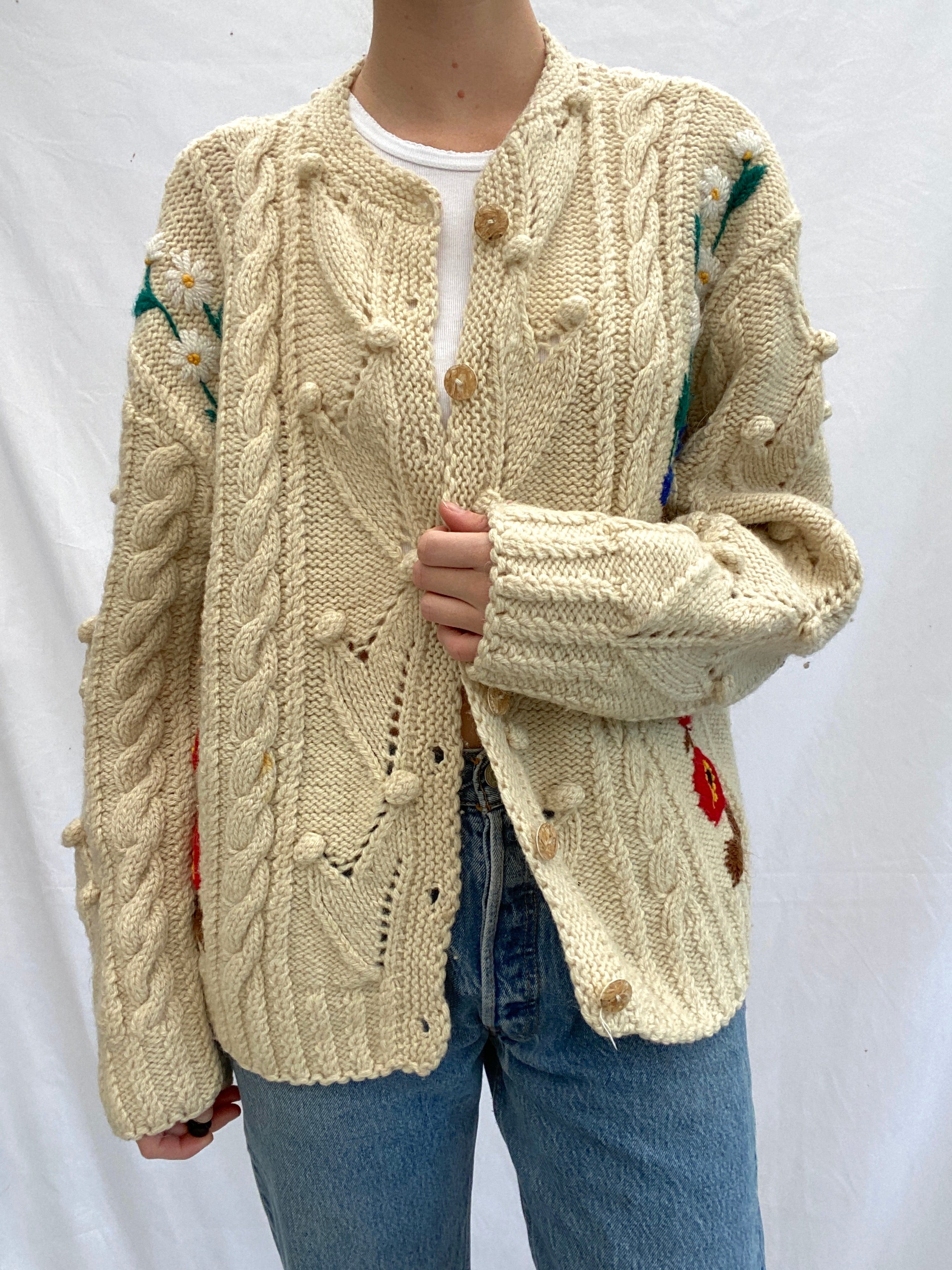 Cream Knit Cardigan With Flowers