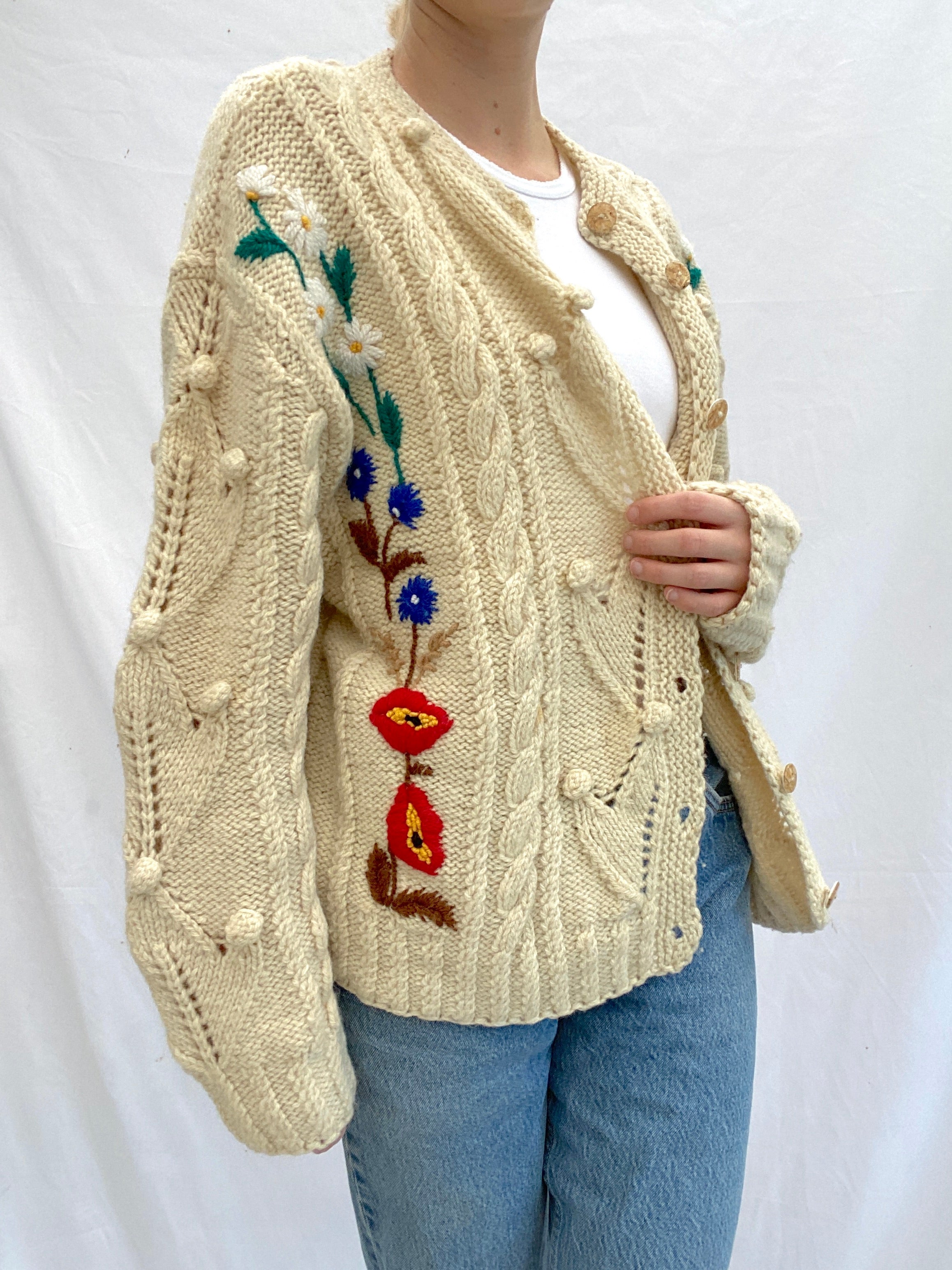 Cream Knit Cardigan With Flowers
