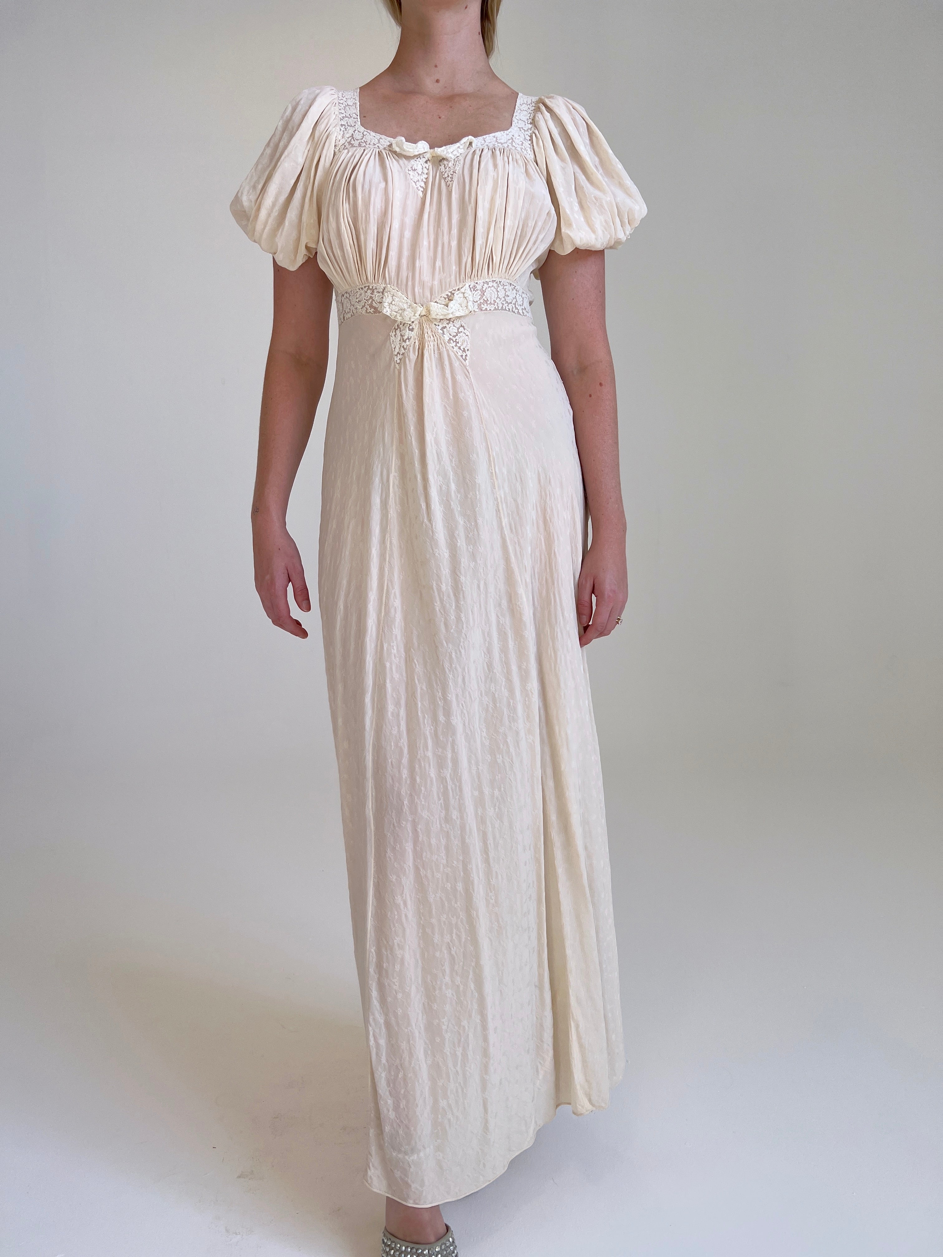 1930's Cream Silk Puffed Sleeve Bow Dress