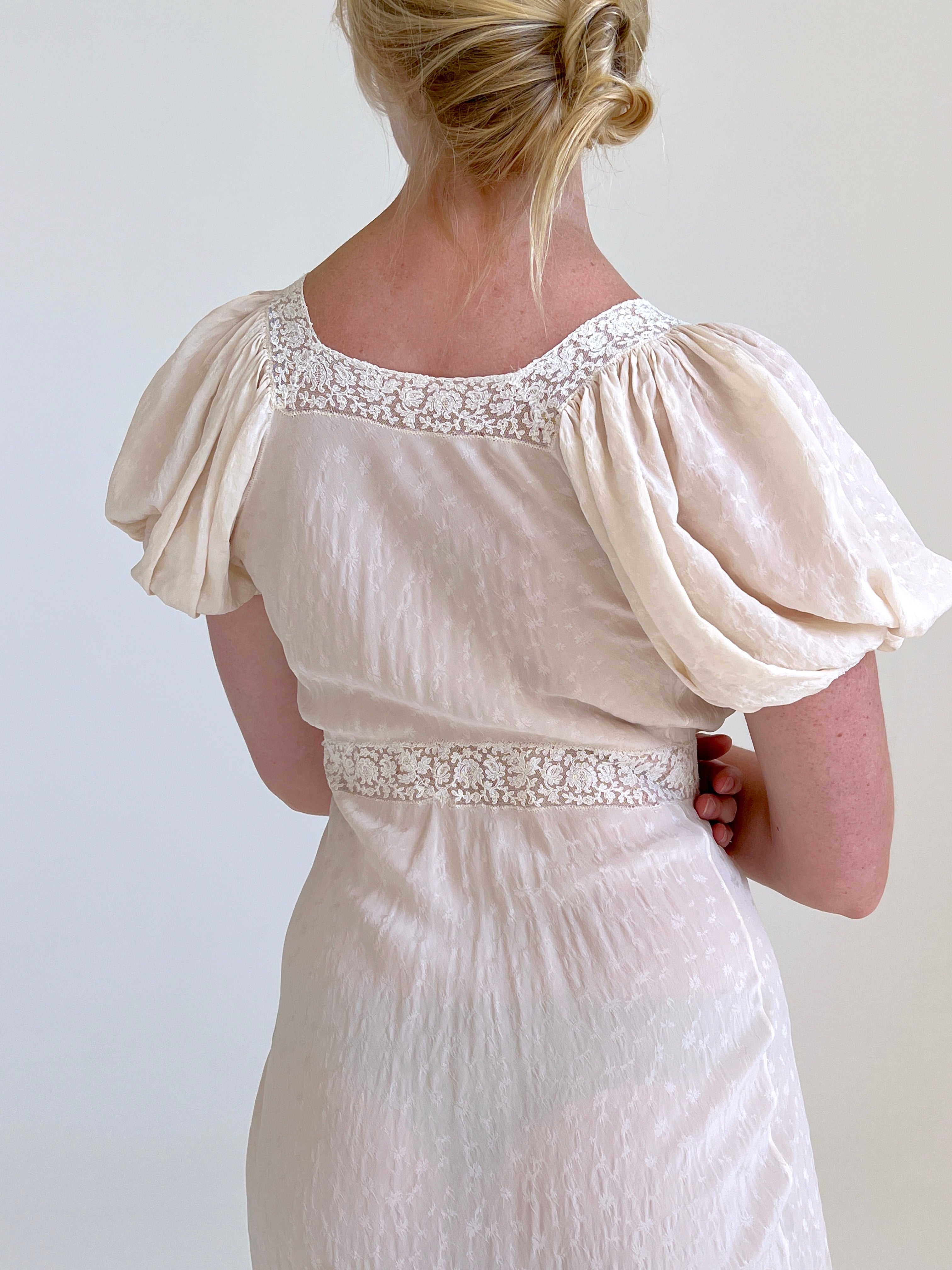 1930's Cream Silk Puffed Sleeve Bow Dress