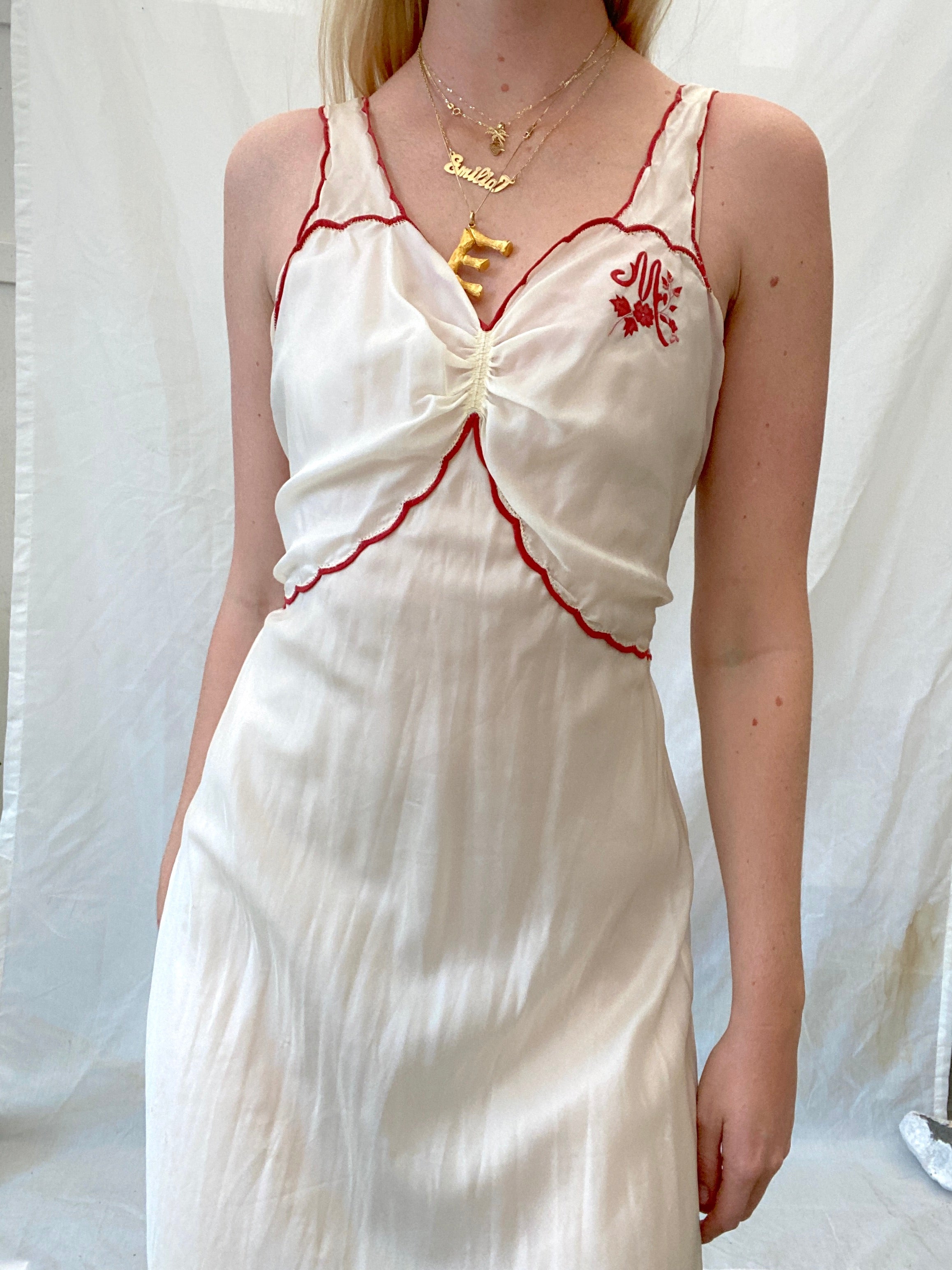 White "M" Slip with Red Embroidery