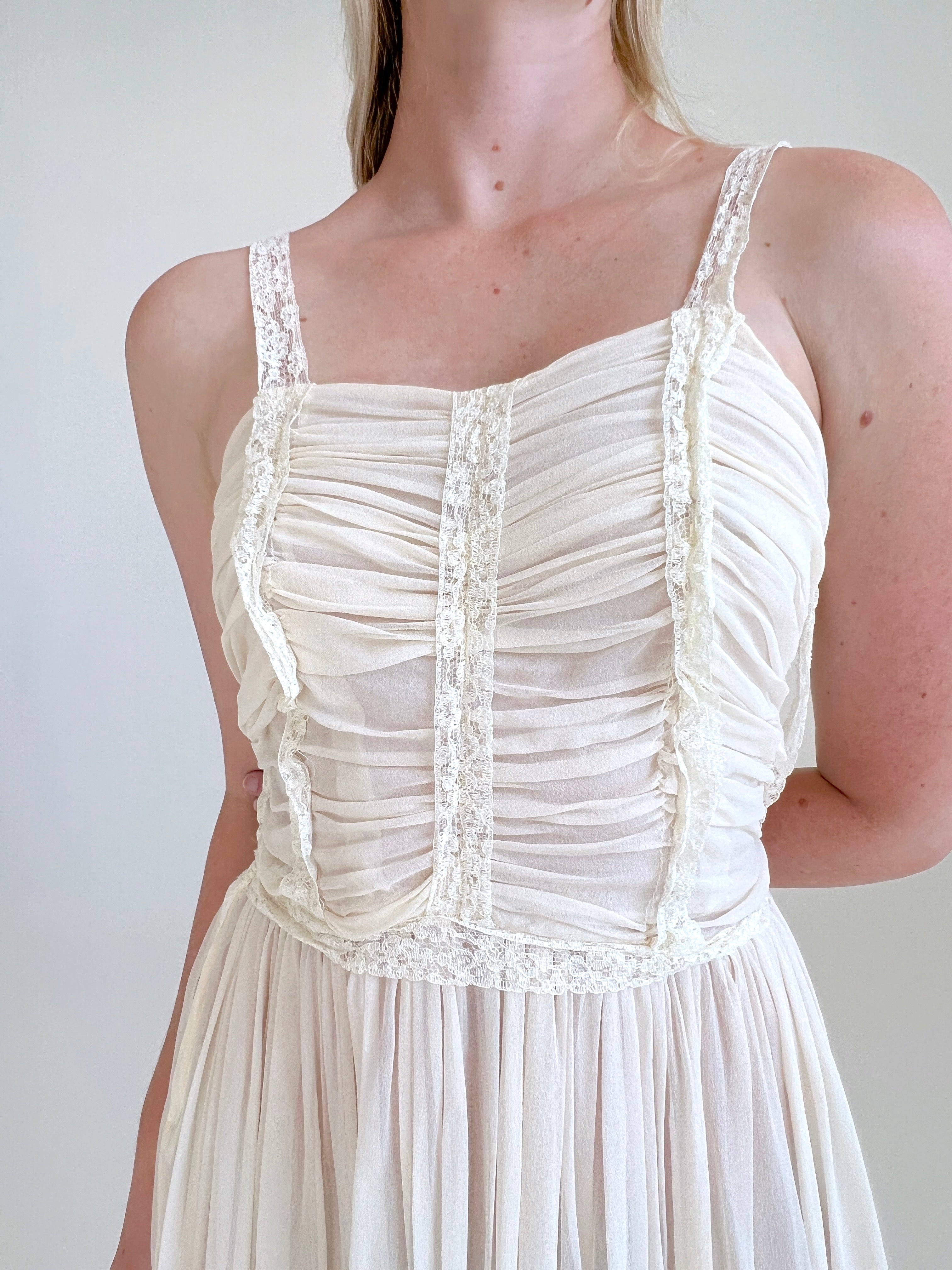 1930's Ruched Cream Silk Chiffon Babydoll Dress Eveliina Vintage 1930's Ruched Cream Silk Chiffon Babydoll Dress Eveliina Vintage