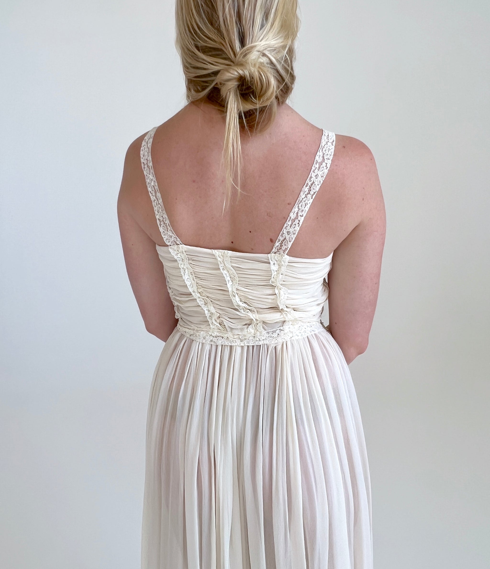white casual wedding dress 1930's Ruched Cream Silk Chiffon Babydoll Dress – Eveliina Vintage
