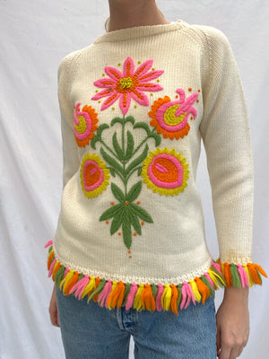 Cream Knit Sweater With Neon Flowers and Fringe