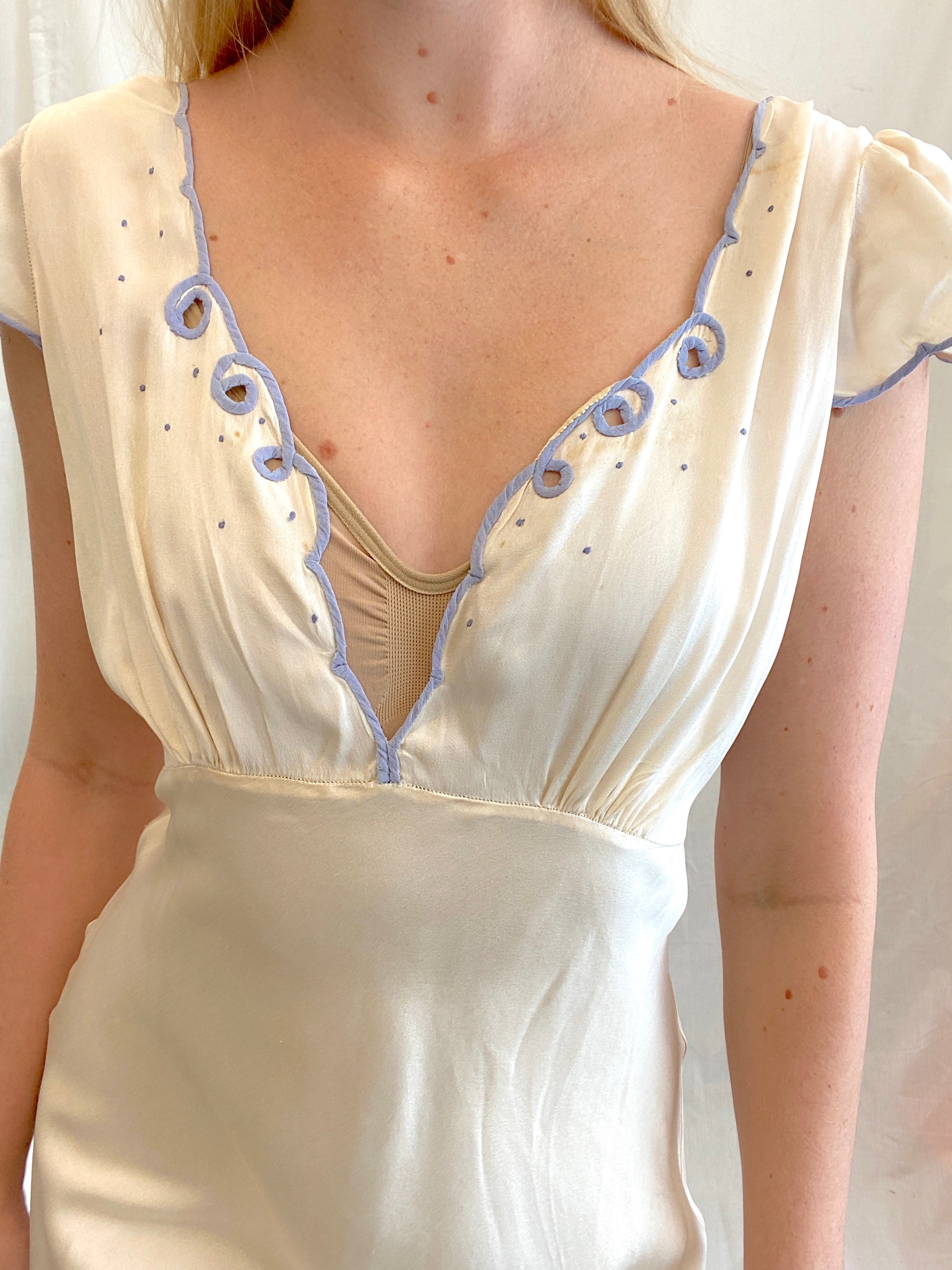 1940's Cream Slip with Baby Blue Embroidery