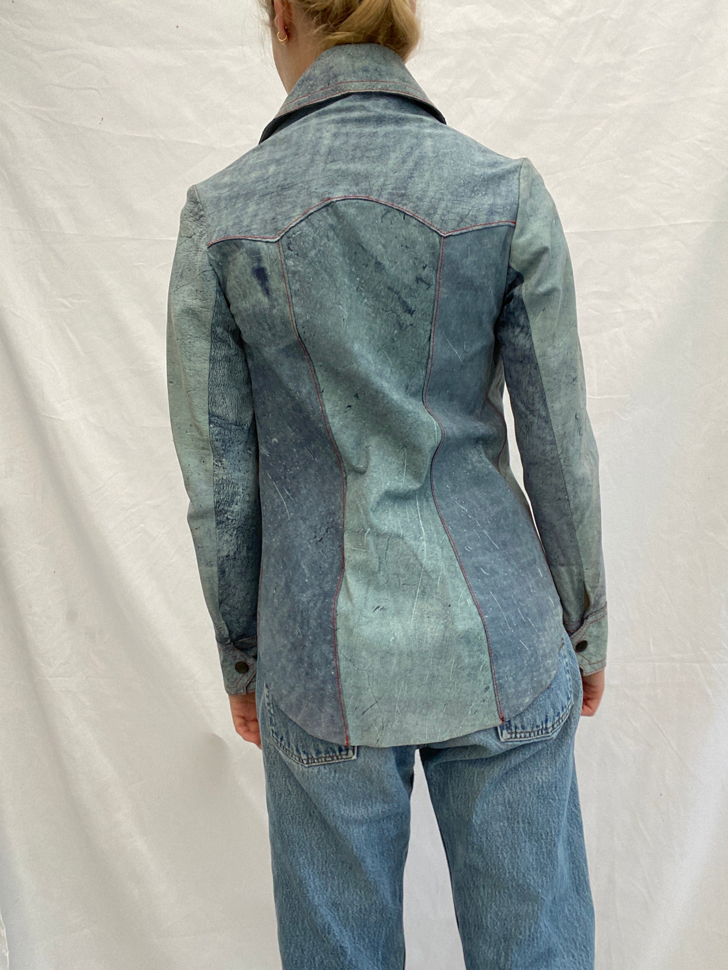 Baby Blue Suede Jacket Shirt with Red Stitching
