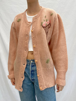Mauve Pink Knit Cardigan With Bouquet Imagery